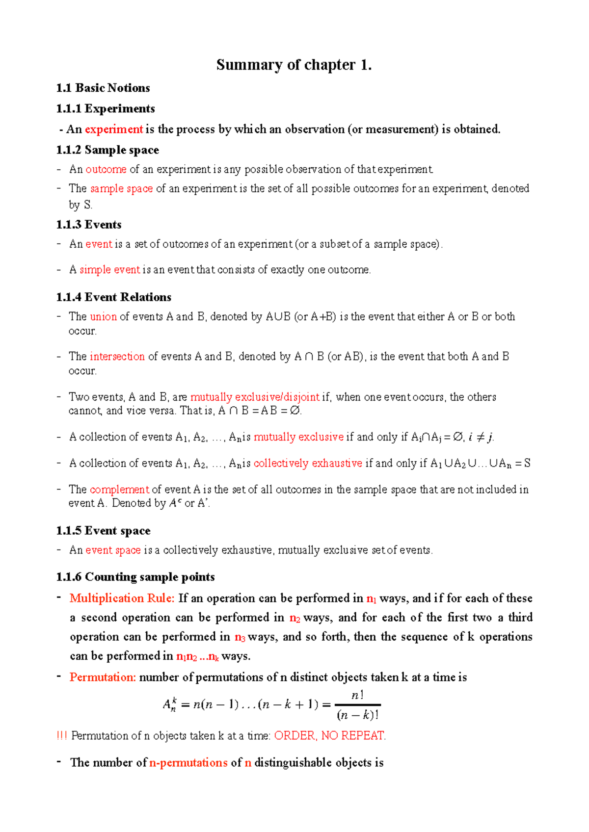 Summary of lectures chapter 1 - Summary of chapter 1. 1 Basic Notions 1 ...