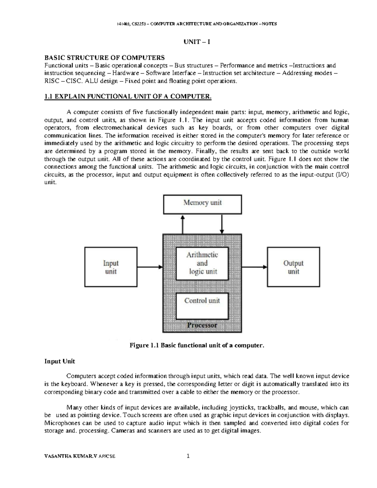 Computer Organization and Architecture - Unit I: Basic Structure ...