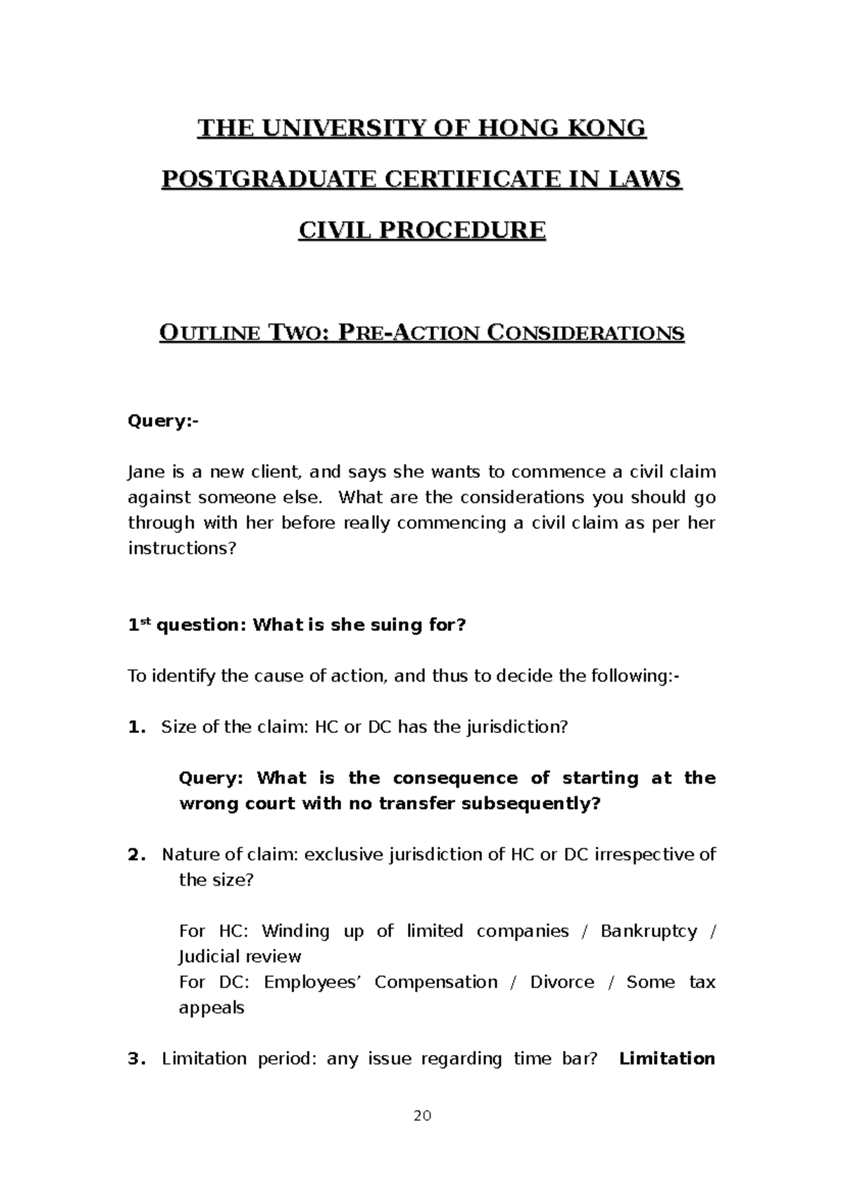 2 HKU PCLL 2023 Civil Procedure Outline 2: Pre-Action Considerations ...