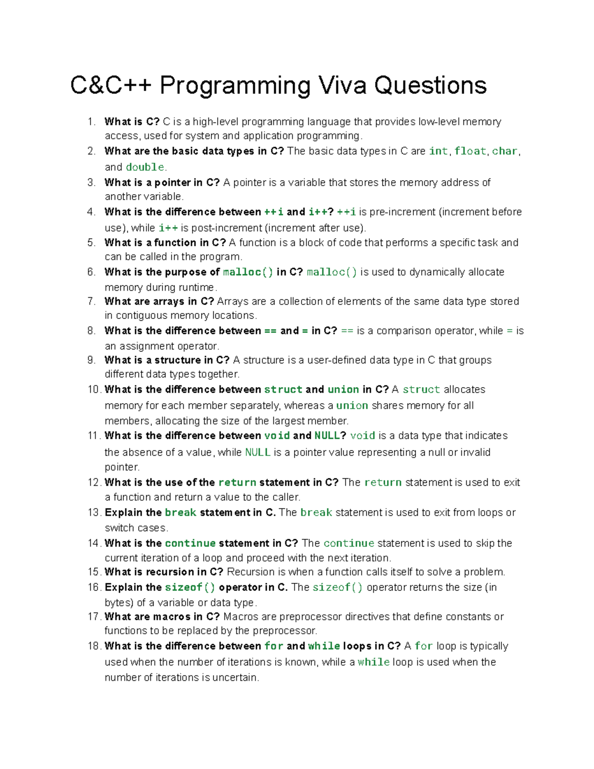 C & C++ Viva Questions: Comprehensive Guide with STL Concepts - Studocu
