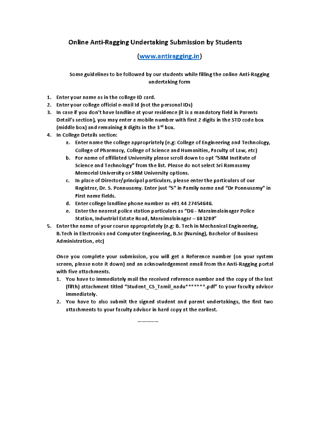 Guidelines for Submitting Anti-Ragging Undertaking Online - Studocu