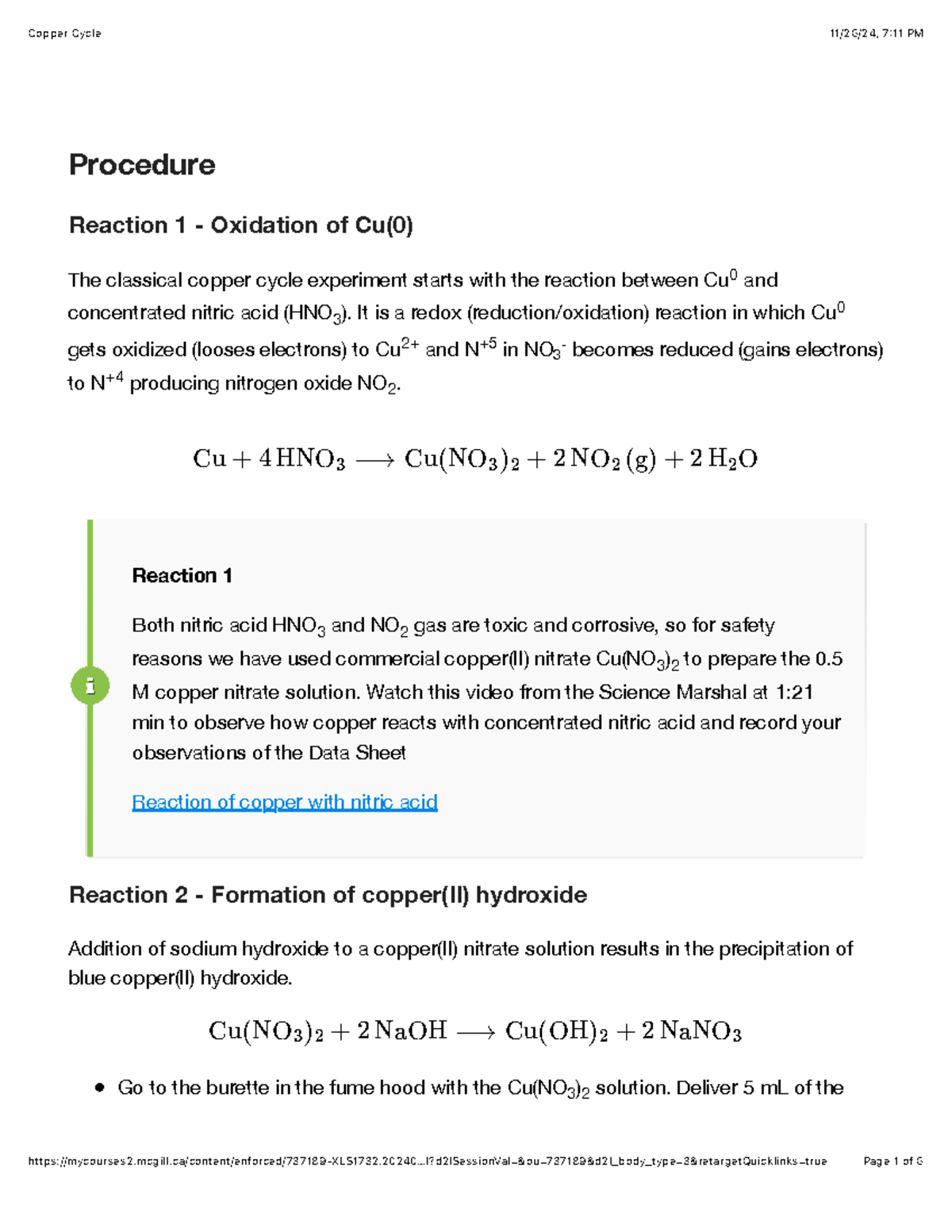 Copper Cycle procedure - Procedure Reaction 1 - Oxidation of Cu(0) The ...