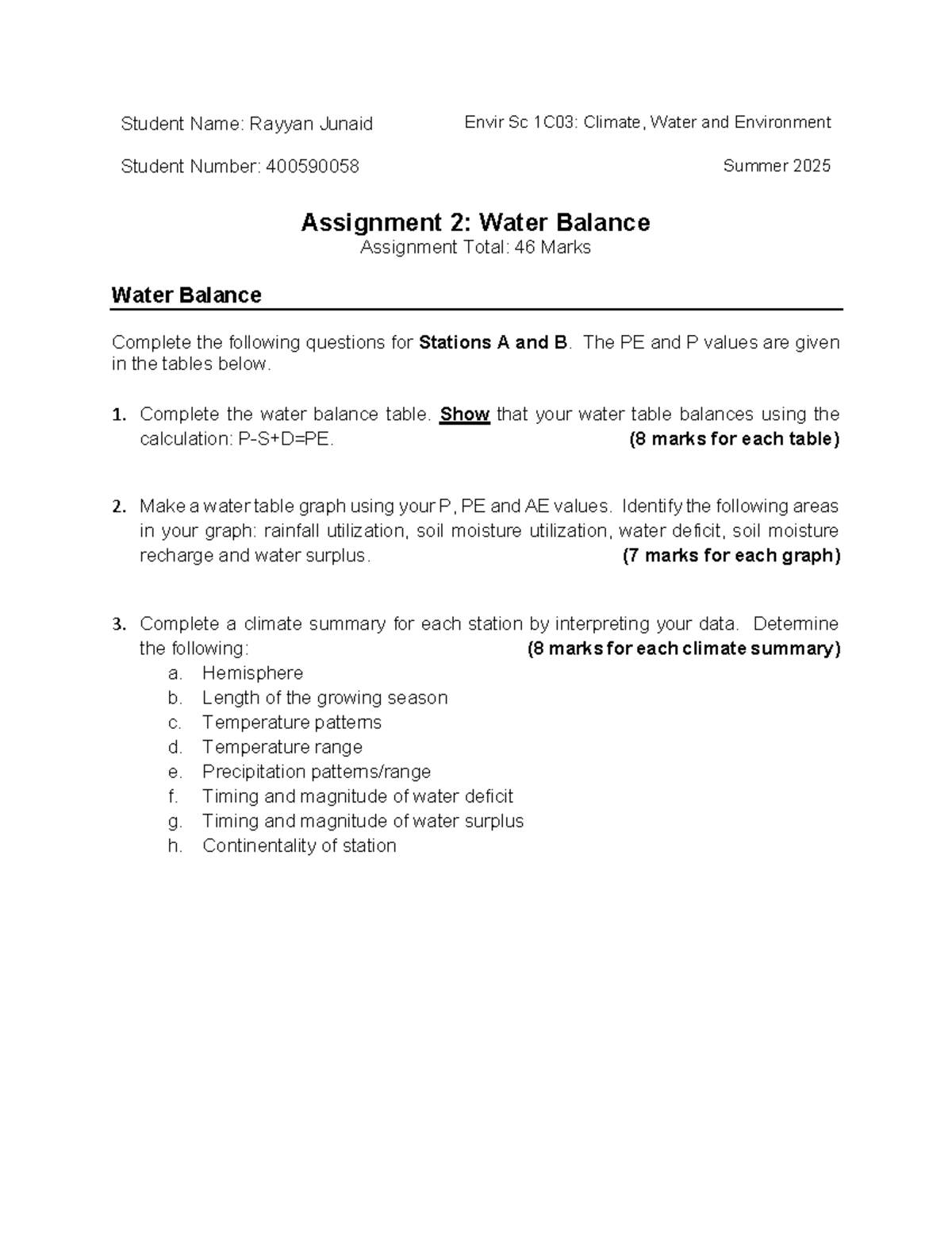 ES 1C03 - Summer 2025 - Assignment 2: Water Balance Analysis - Studocu