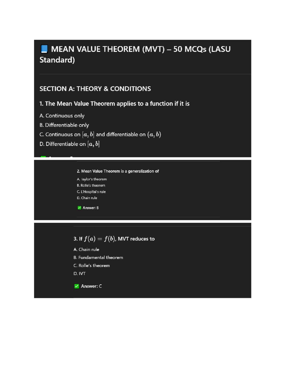 Mat 201 MCQs on Mean Value Theorem (MVT) - Exam Prep Guide - Studocu