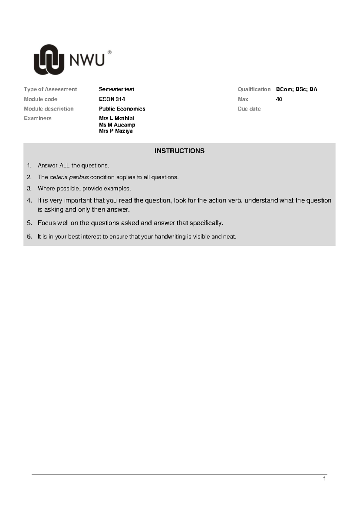 ECON 314 Semester Test Memo: Public Economics Analysis and Insights ...