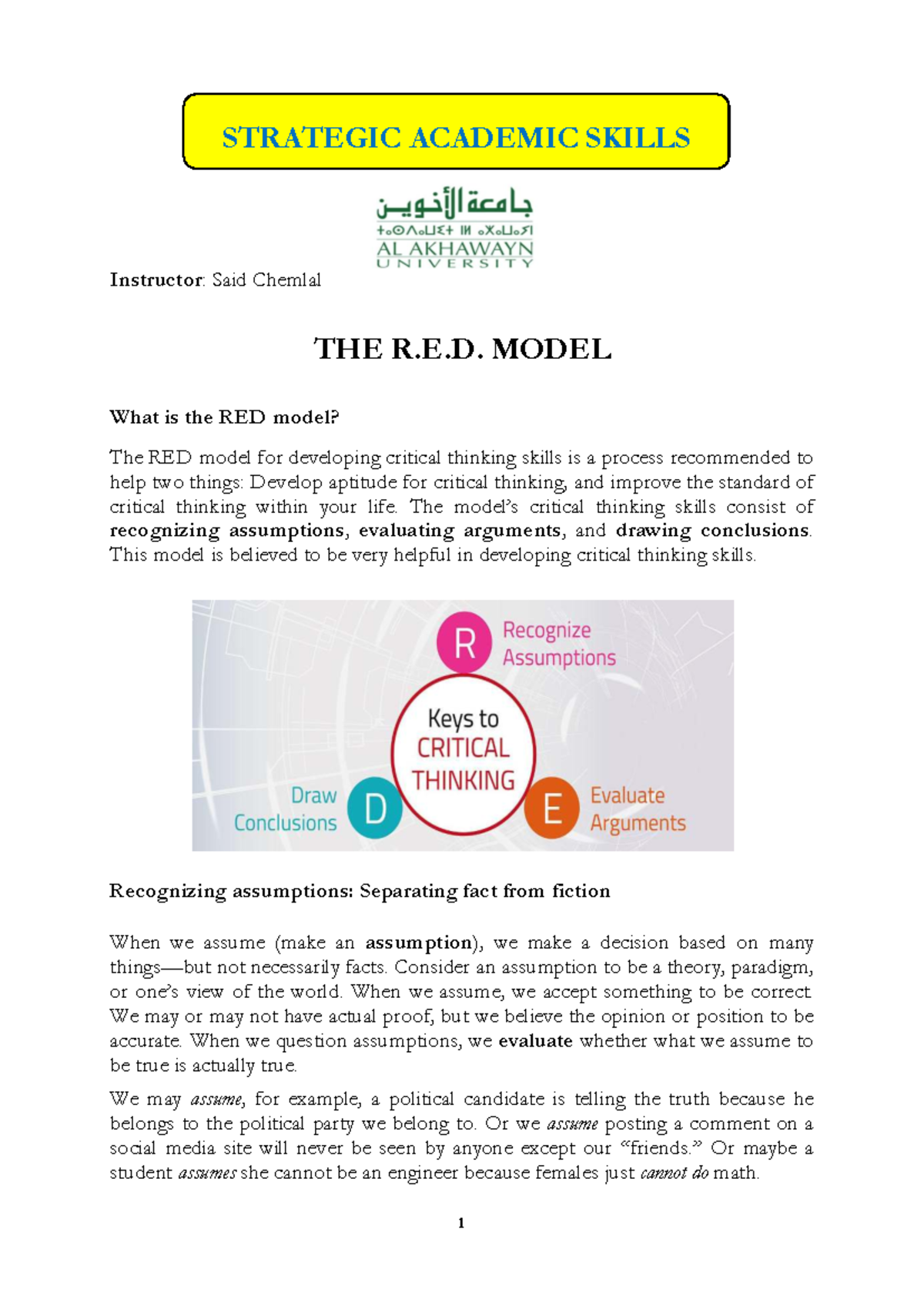 5.1 - The R.E.D. Model for Developing Critical Thinking Skills - Studocu