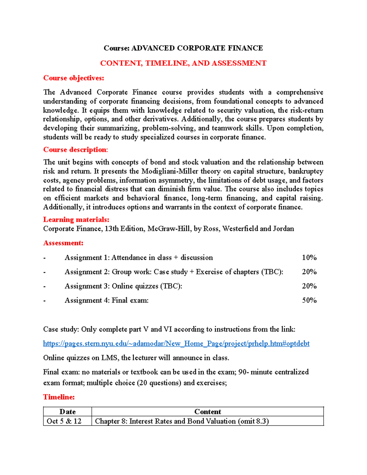 Course ACF 2024: Advanced Corporate Finance Overview & Assessment - Studocu