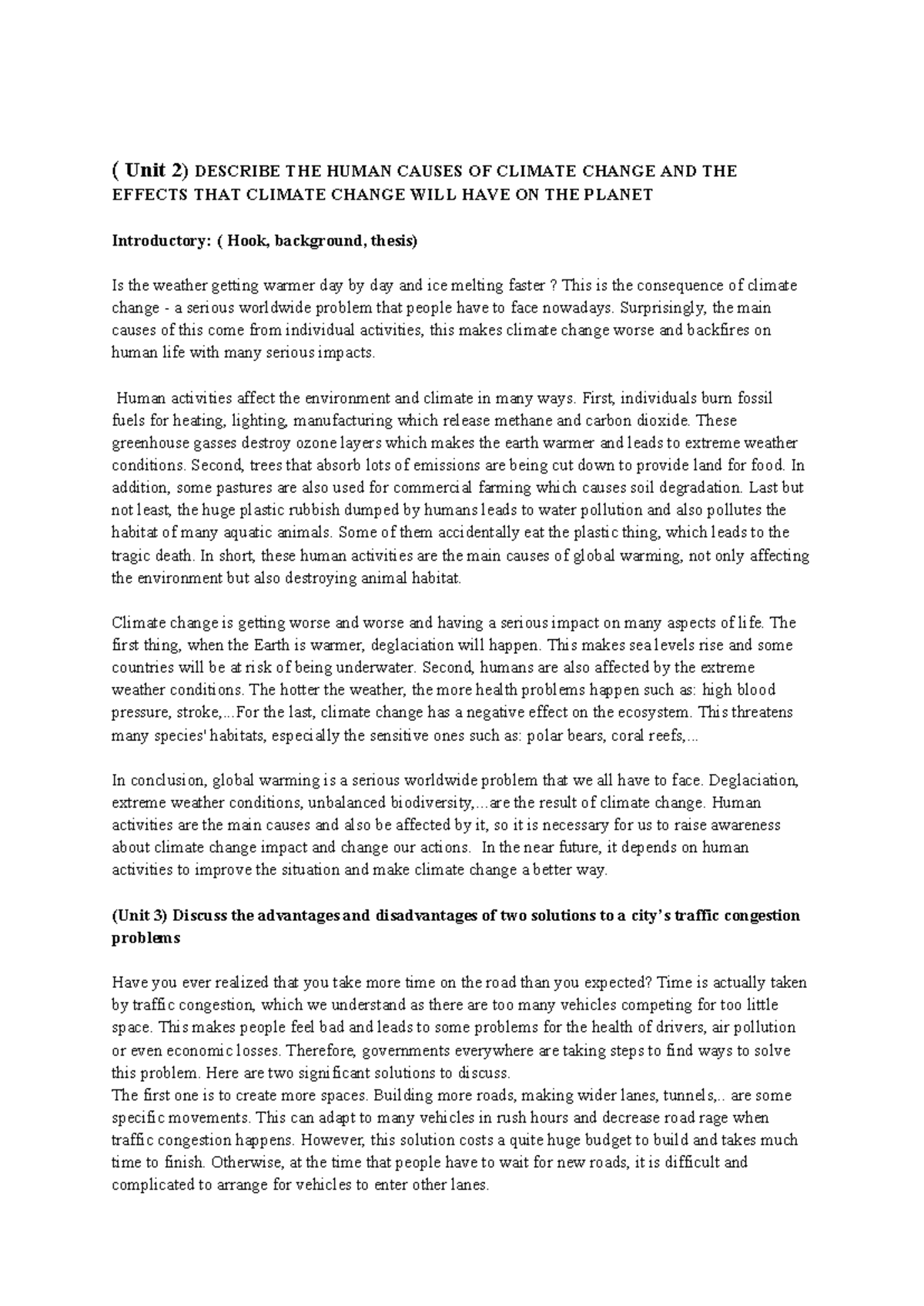 Unit 2 essay: Human causes and effects of climate change - Studocu