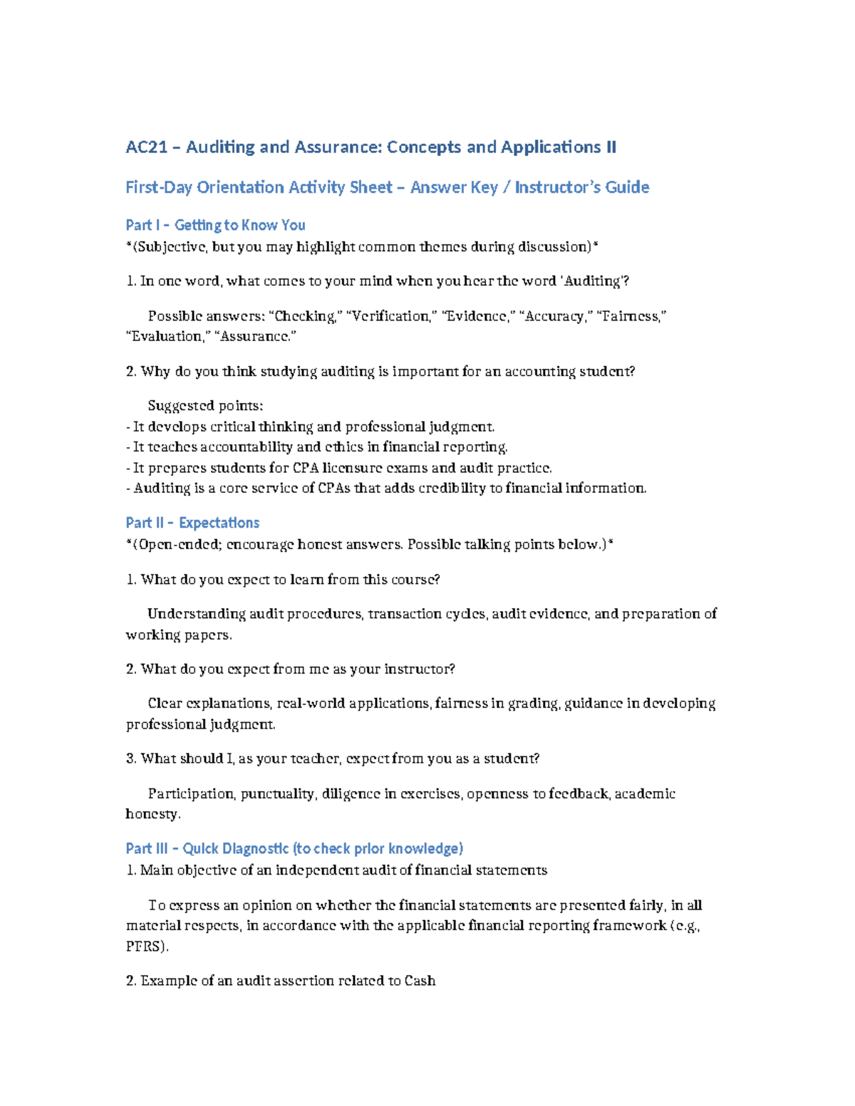 AC21&22 Auditing Activity Sheet Answer Key: Key Concepts & Insights ...