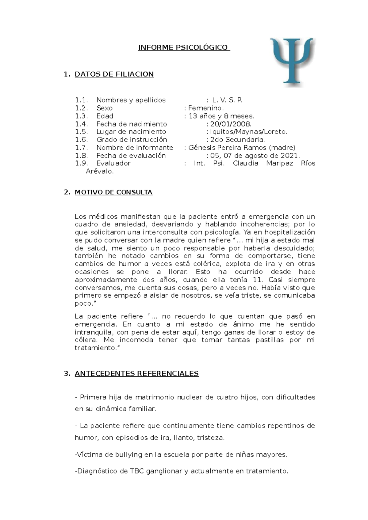 Informe Psicológico de Evaluación de Paciente Adolescente - 2021 - Document Preview
