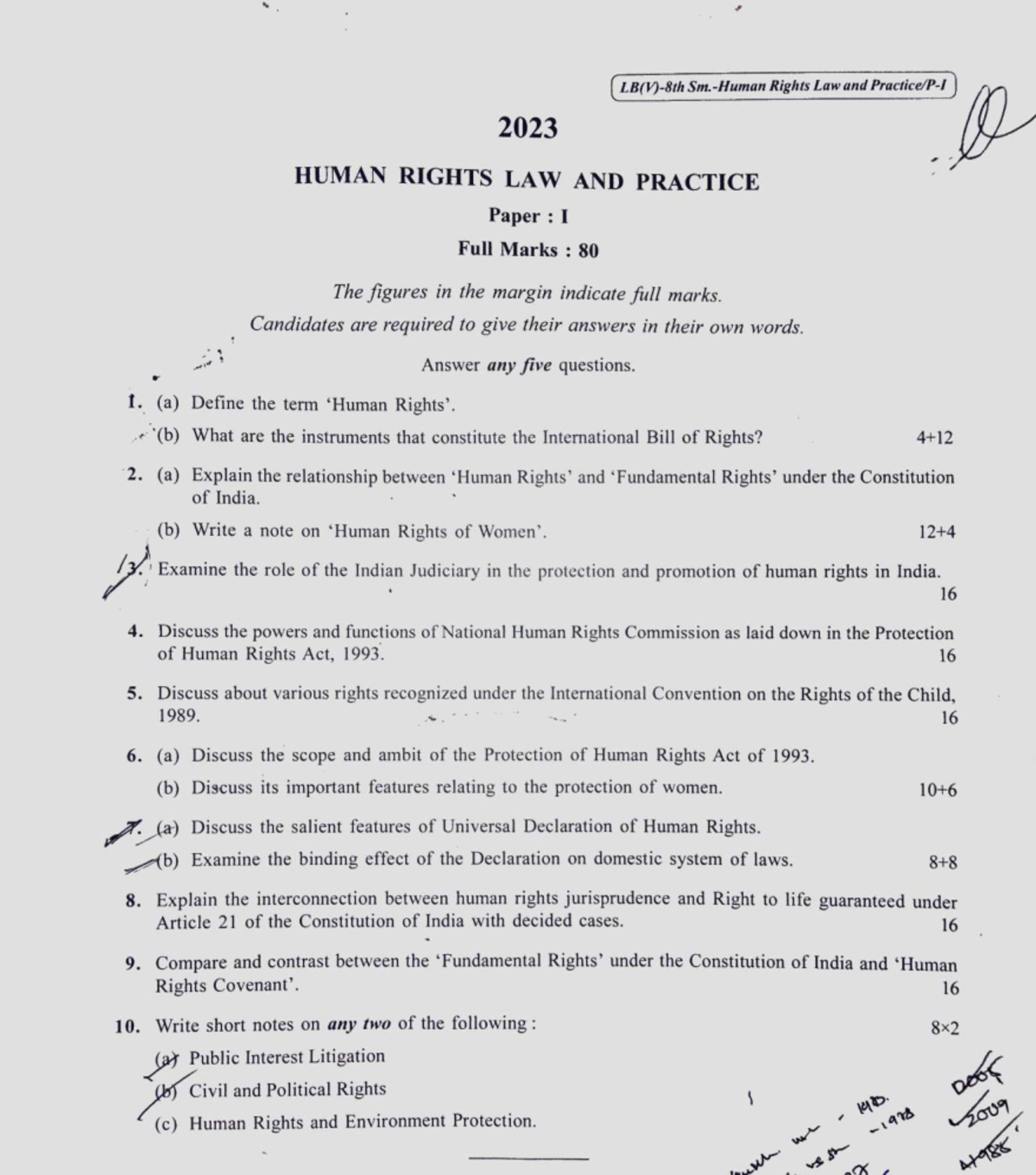 2023 D HUMAN RIGHTS LAW AND PRACTICE Question Bank for Paper I - Studocu