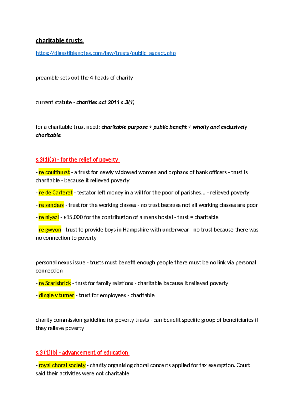 Equity Revision Notes for Law 101: Charitable Trusts and Resulting ...