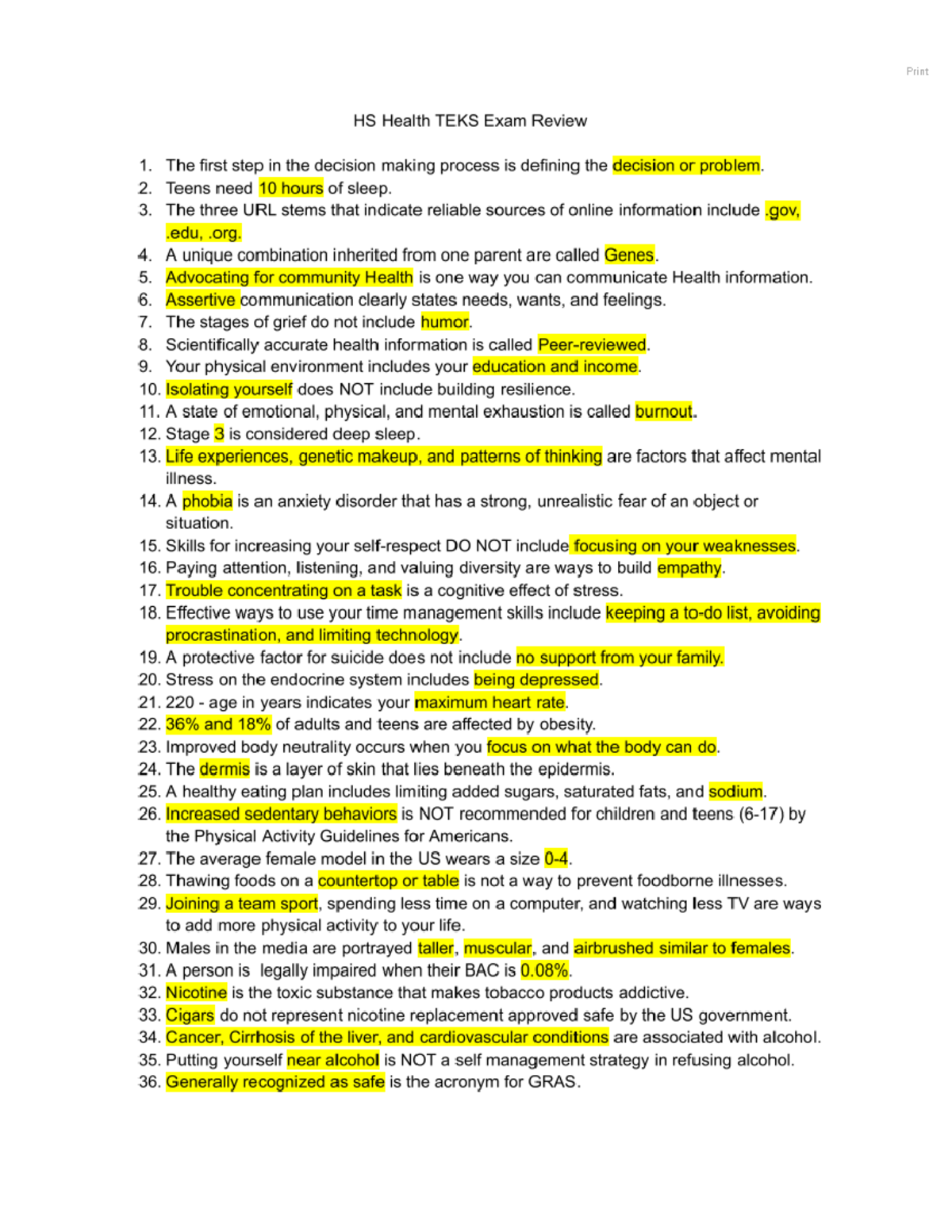 HS Health TEKS Final Exam Review: Key Concepts and Insights - Studocu