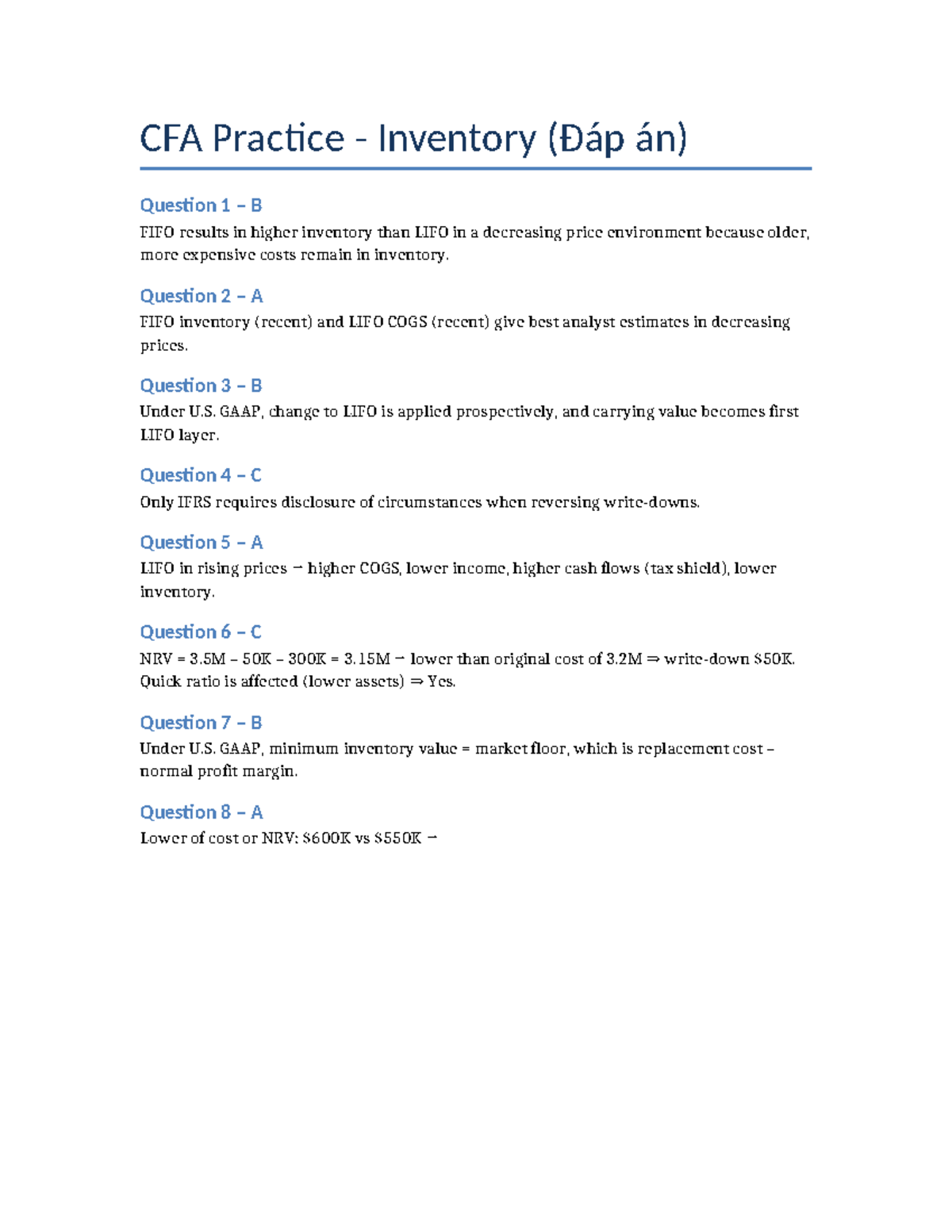 CFA Inventory Practice Answers - Tham Khảo - Studocu