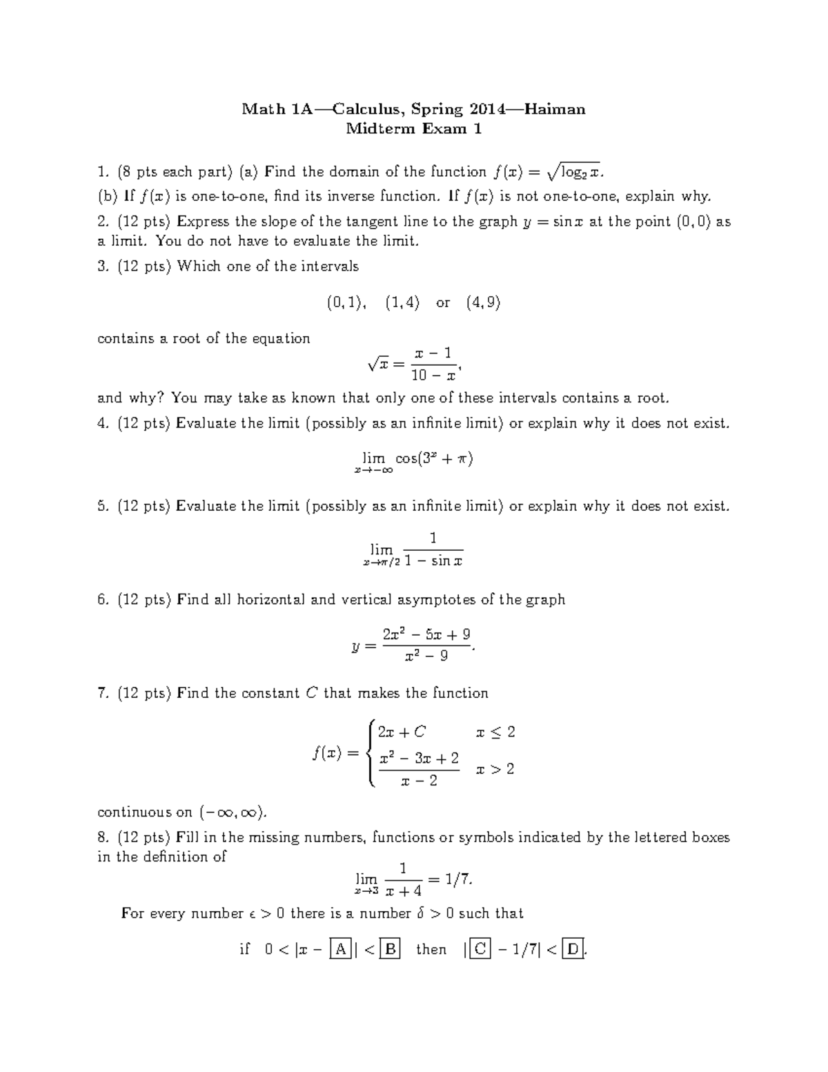 14-spring-exam1a 2014 - Math 1A—Calculus, Spring 2014—Haiman Midterm ...