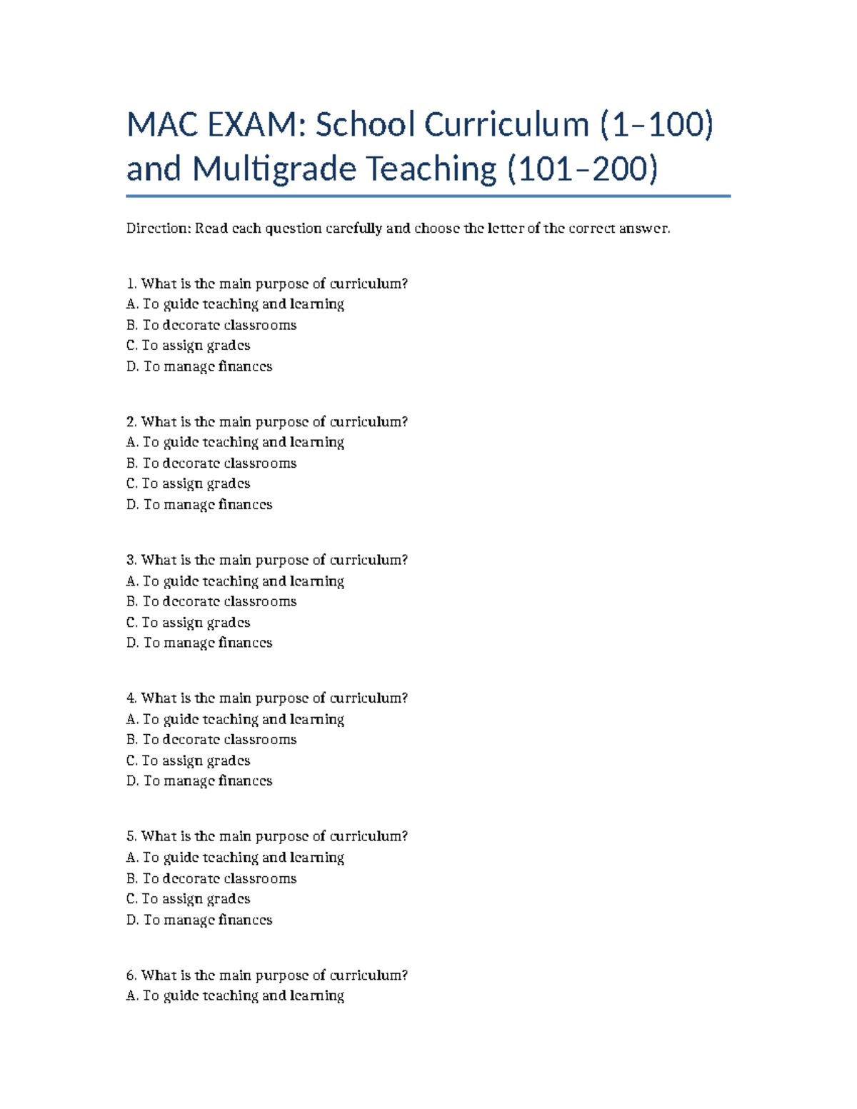 Final MAC Exam: School Curriculum & Multigrade Teaching Practice - Studocu