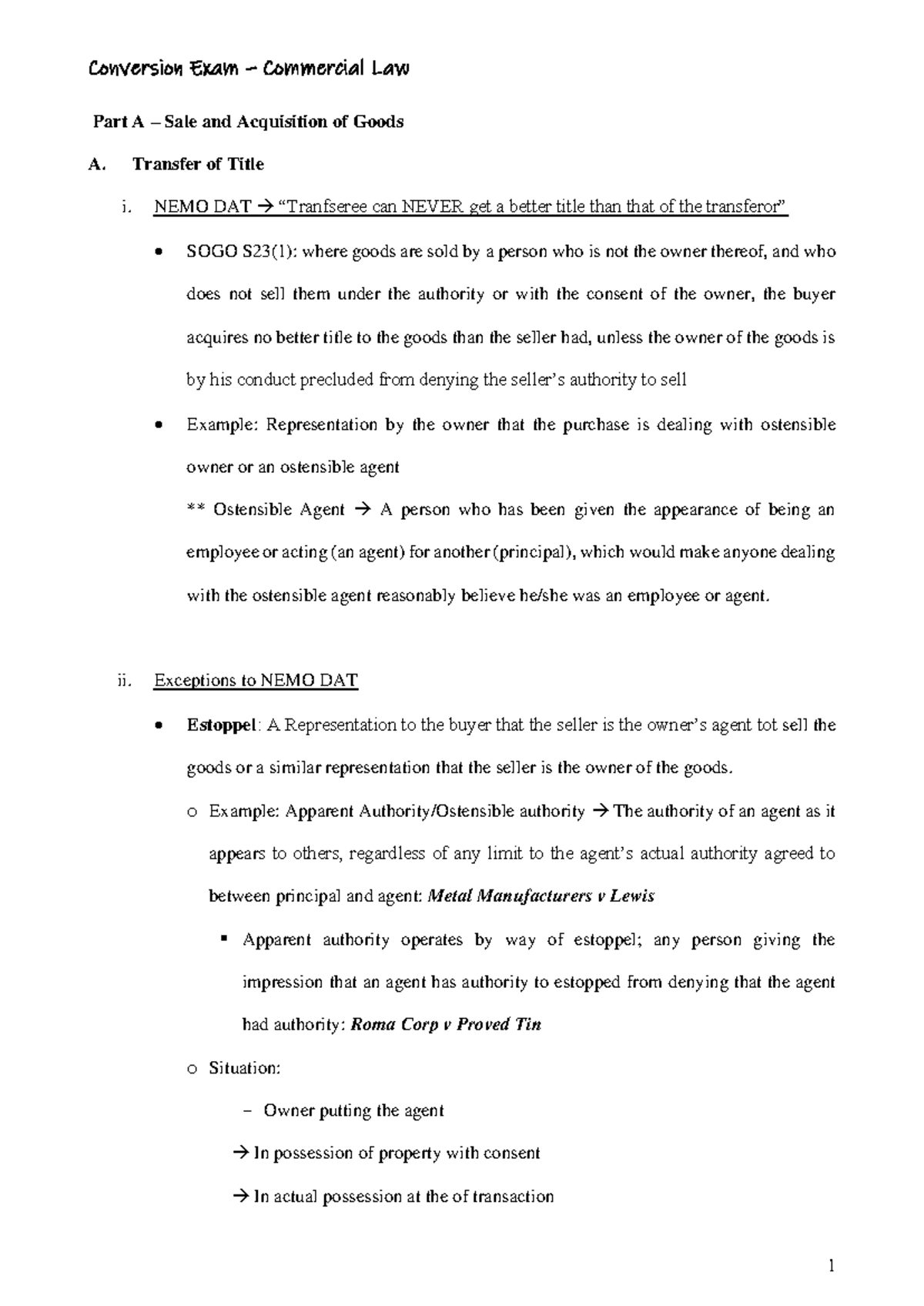 Commercial Law - Part A - Detailed Revision Notes for Key Concepts ...