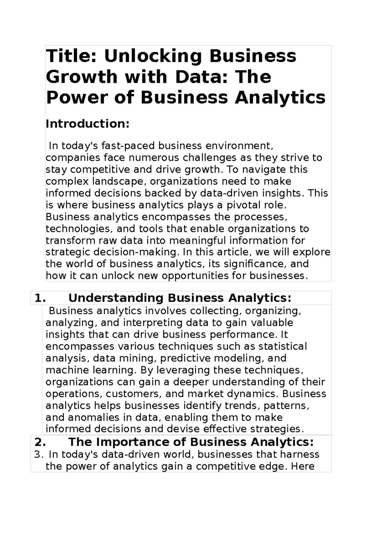 Business Analytics (BA101): Unlocking Growth with Data Insights - Studocu