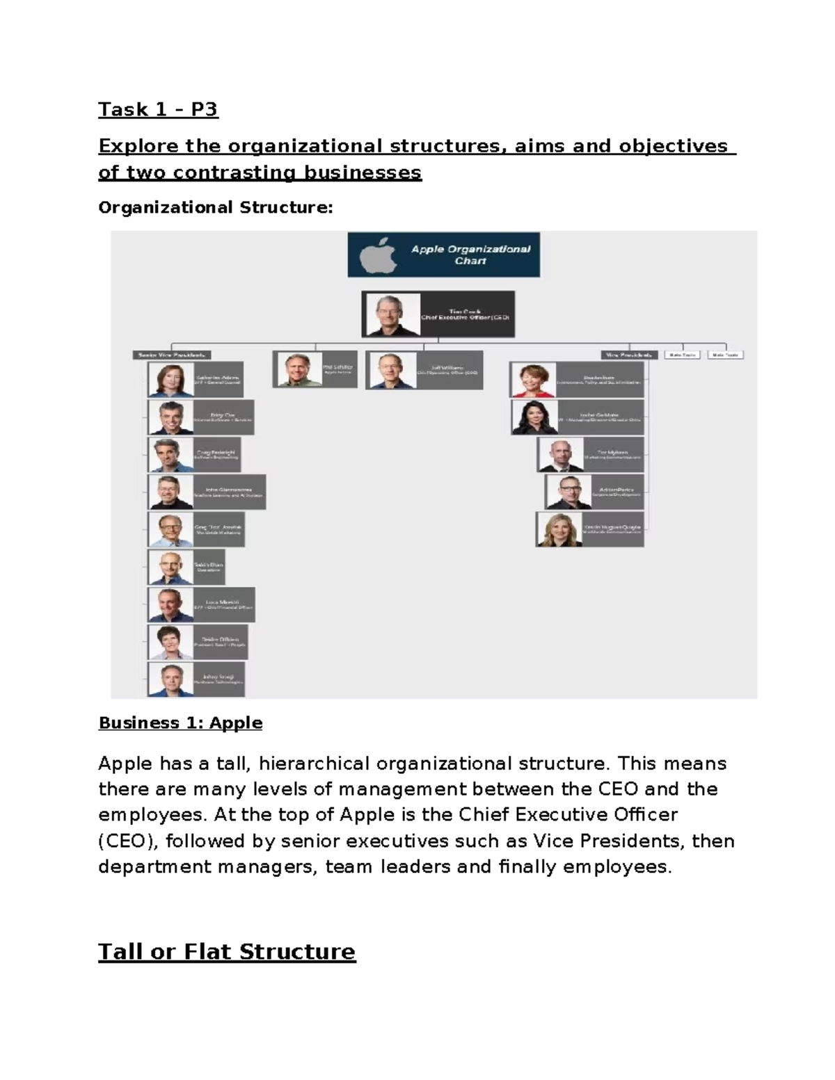 Unit 1 - Task 1 P3: Org Structures & Objectives of Apple vs. Business 2 ...