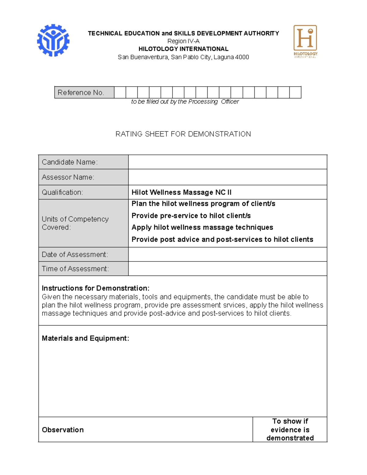 HILOT WELLNESS MASSAGE NC II: Demonstration Rating Sheet - Studocu