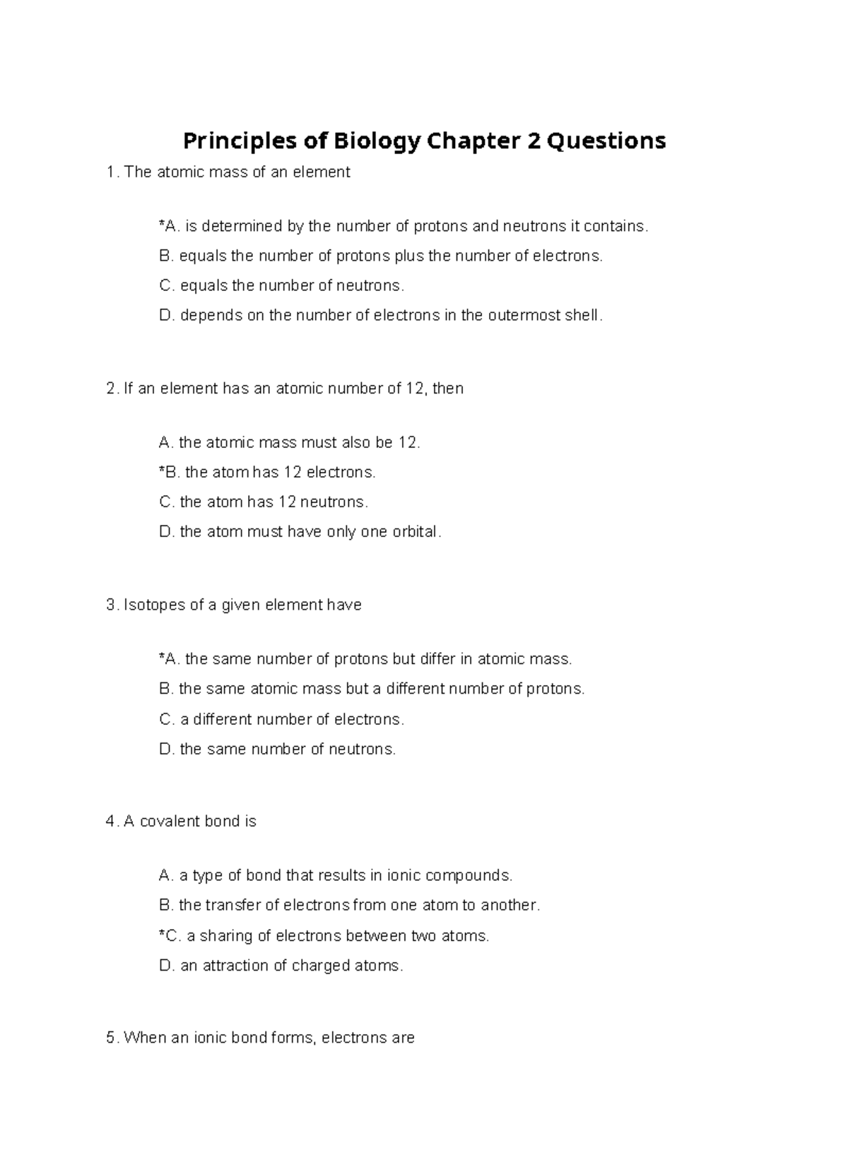 Principles of Biology (BIO101) Chapter 2 Review Questions - Studocu