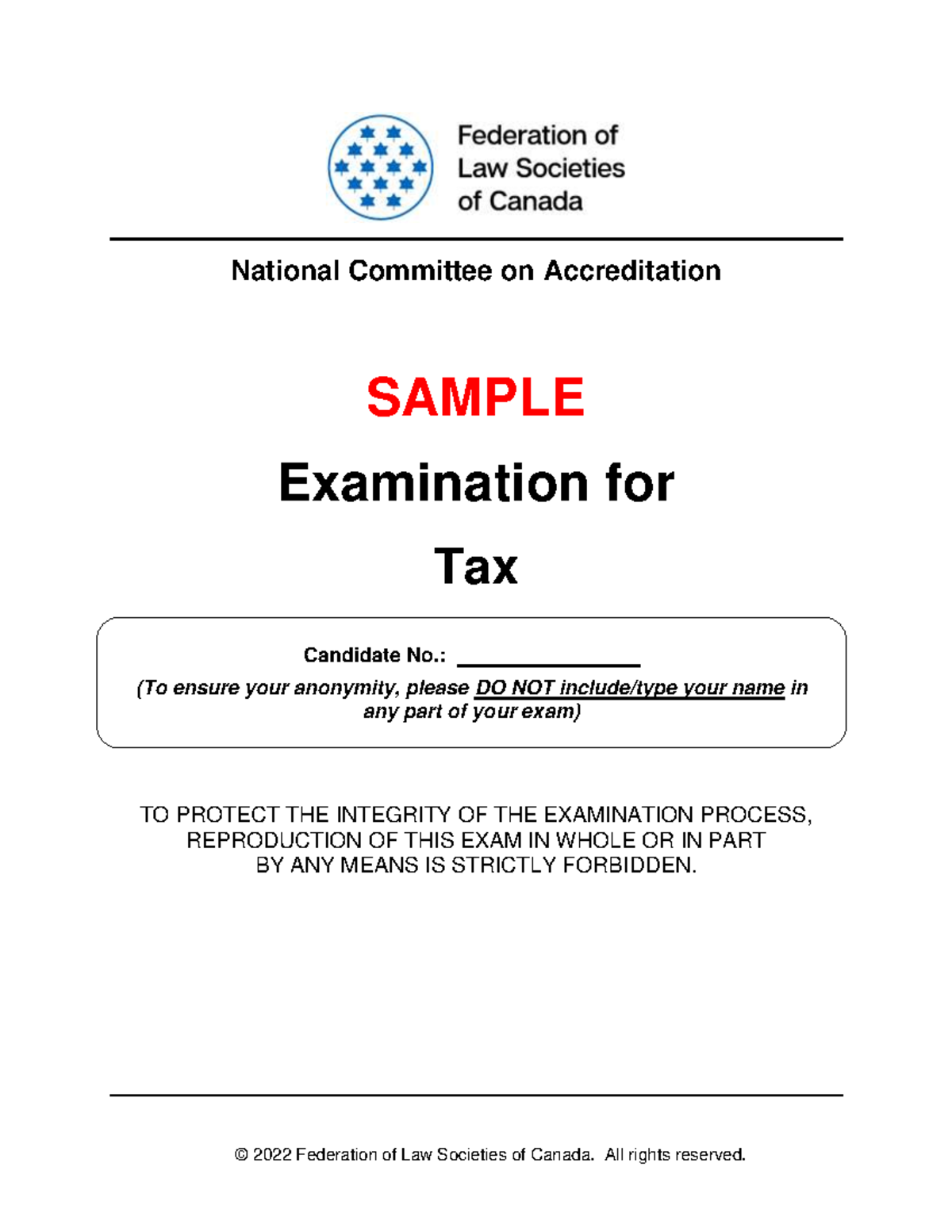 Tax-Sample-Exam - Tax Sample Exam - © 2022 Federation of Law Societies ...