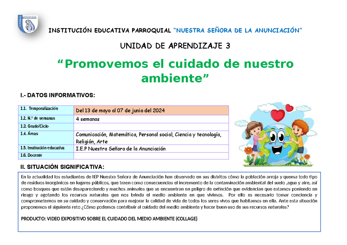 Unidad de Aprendizaje 3: Cuidado del Ambiente para Primaria 2024 - Studocu