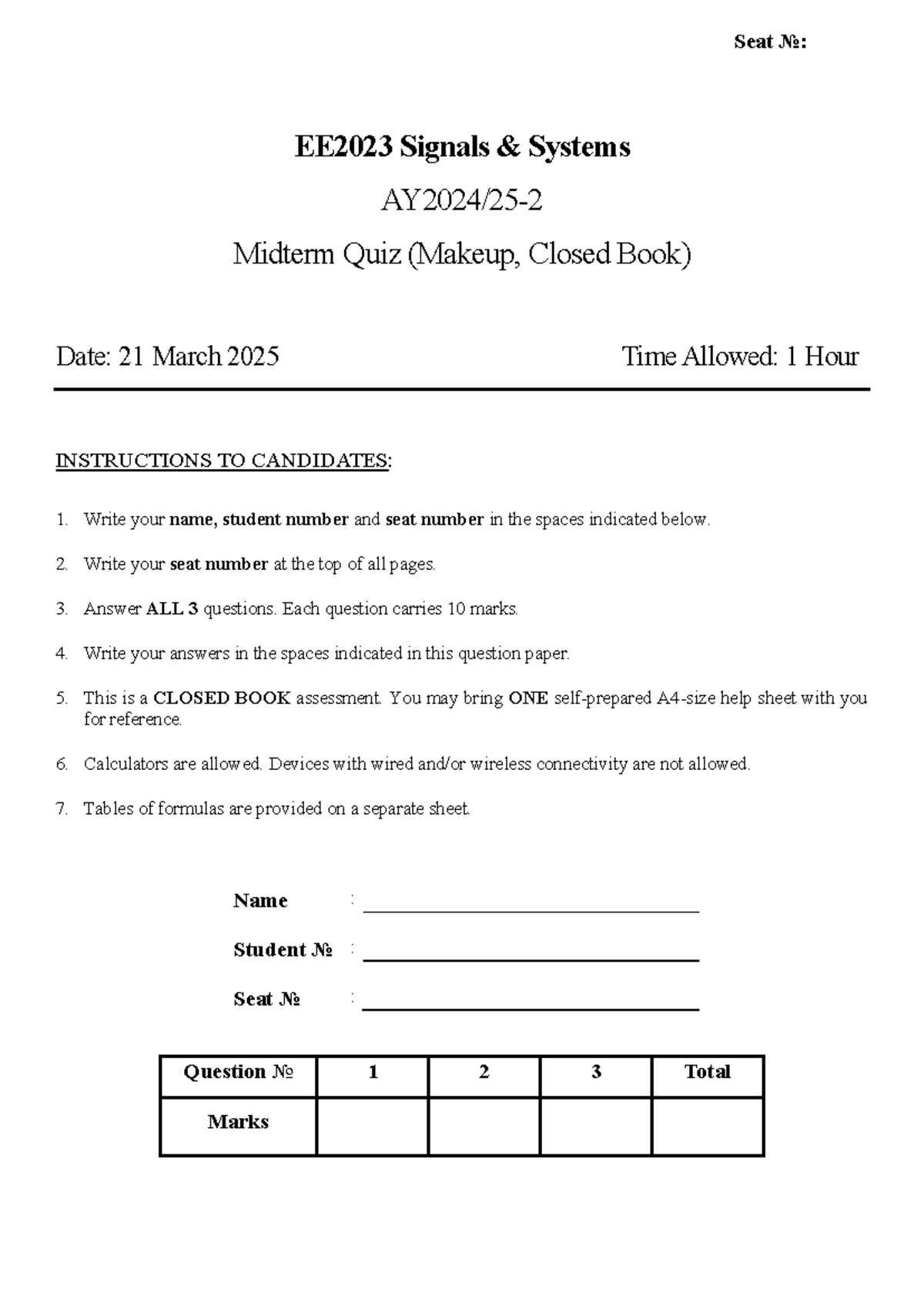 EE2023 Signals & Systems Midterm Quiz (Makeup, Closed Book) - Studocu