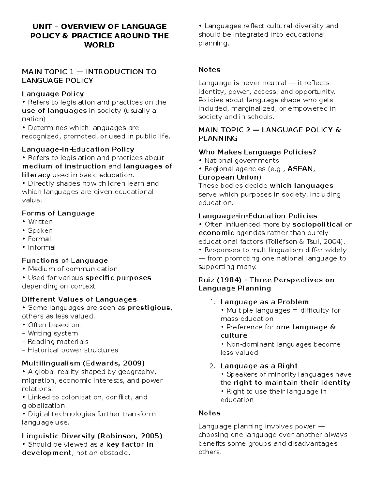 UNIT OVERVIEW: LANGUAGE POLICY PRACTICE AROUND THE WORLD - Studocu