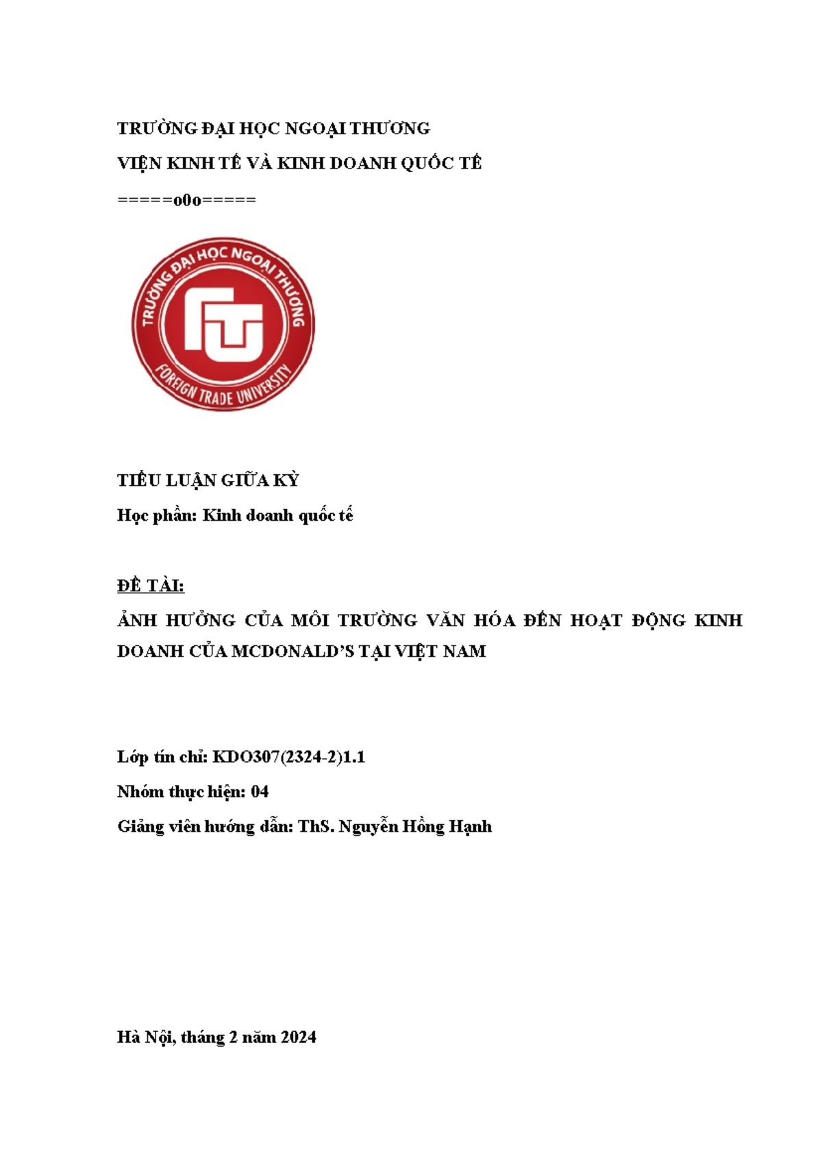 Tiểu luận KDO307: Ảnh hưởng Văn hóa đến Hoạt động Kinh doanh McDonald’s tại VN - Document Preview