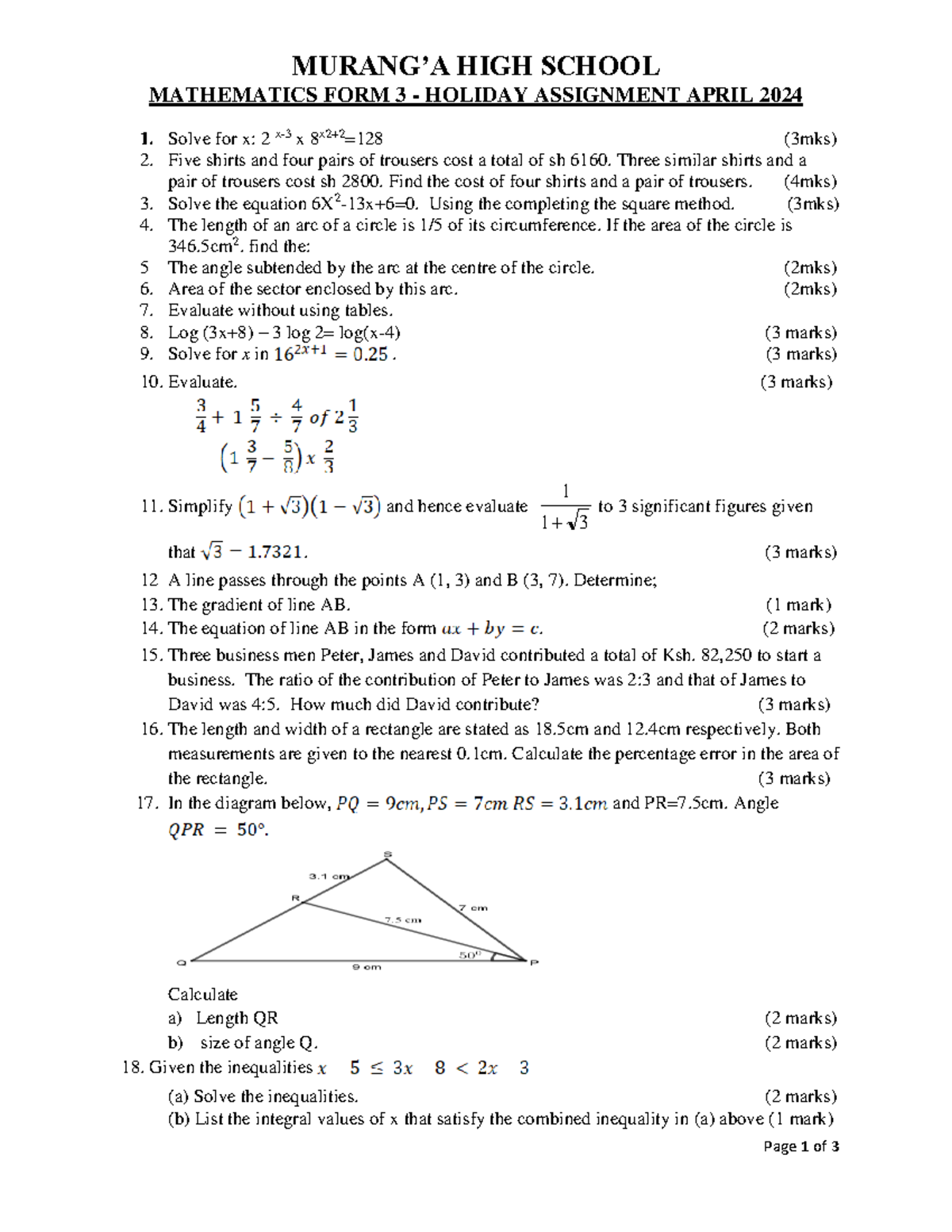 **Math Assignment - Form 3 April 2024 - MURANG’A HIGH SCHOOL** - Studocu