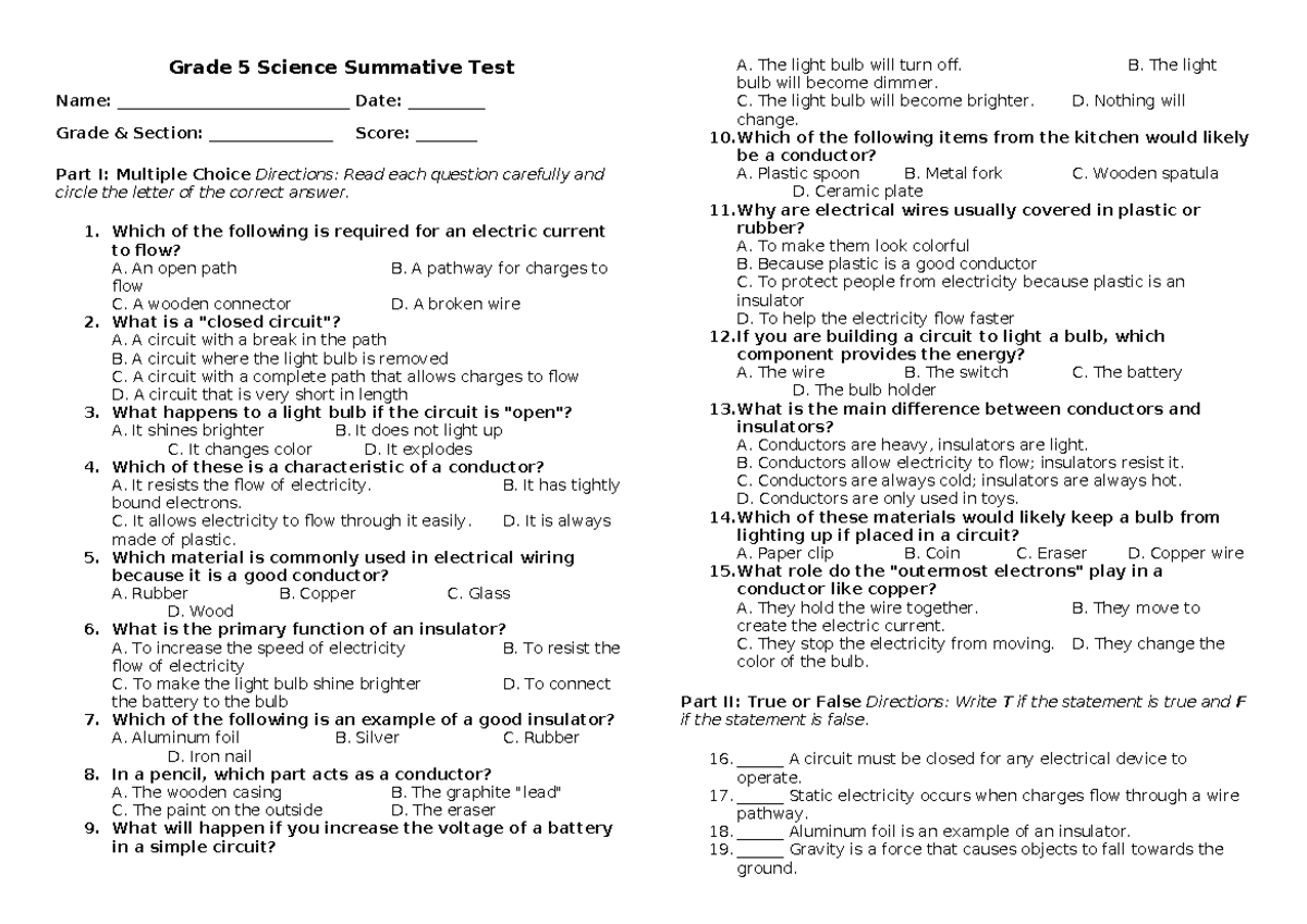 Grade 5 Science Test With Answers Pdf Free