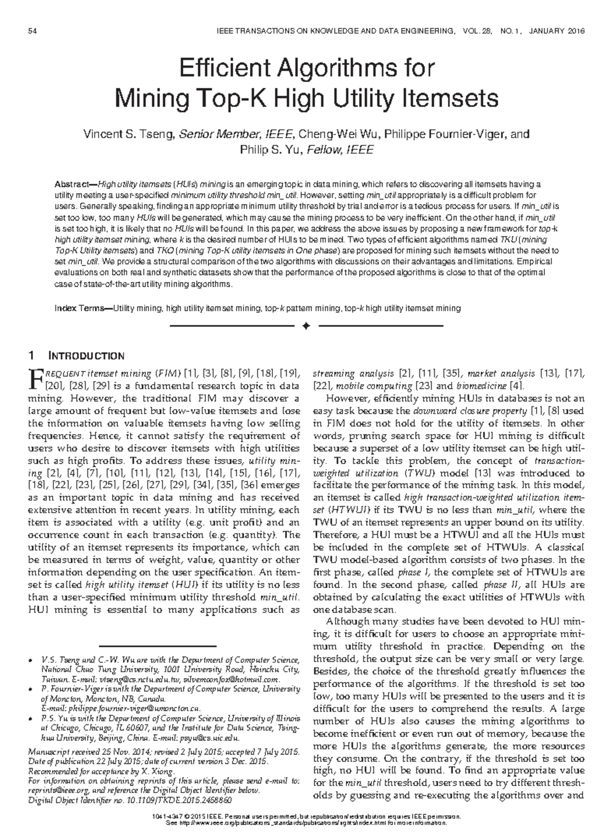 Efficient Algorithms for Mining High Utility Itemsets in TKDE - Studocu