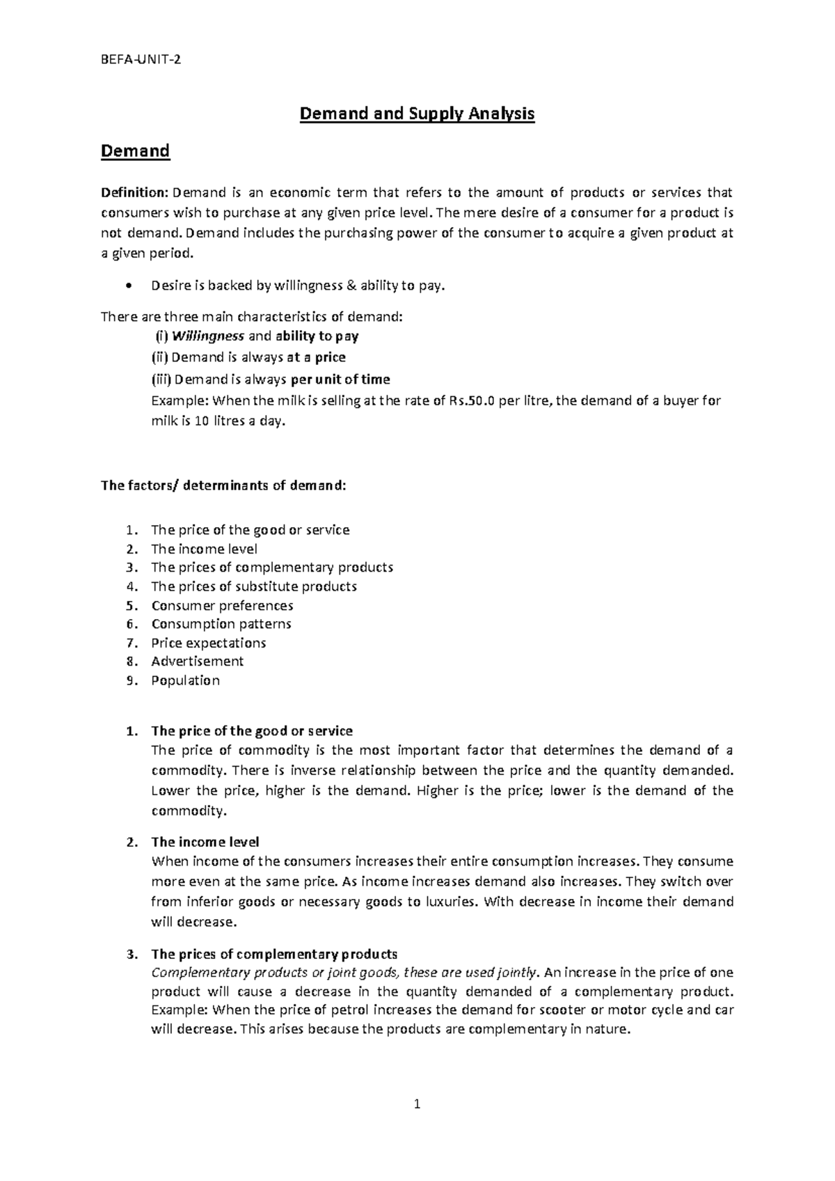 BEFA-Unit-2: Demand and Supply Analysis Overview - Studocu