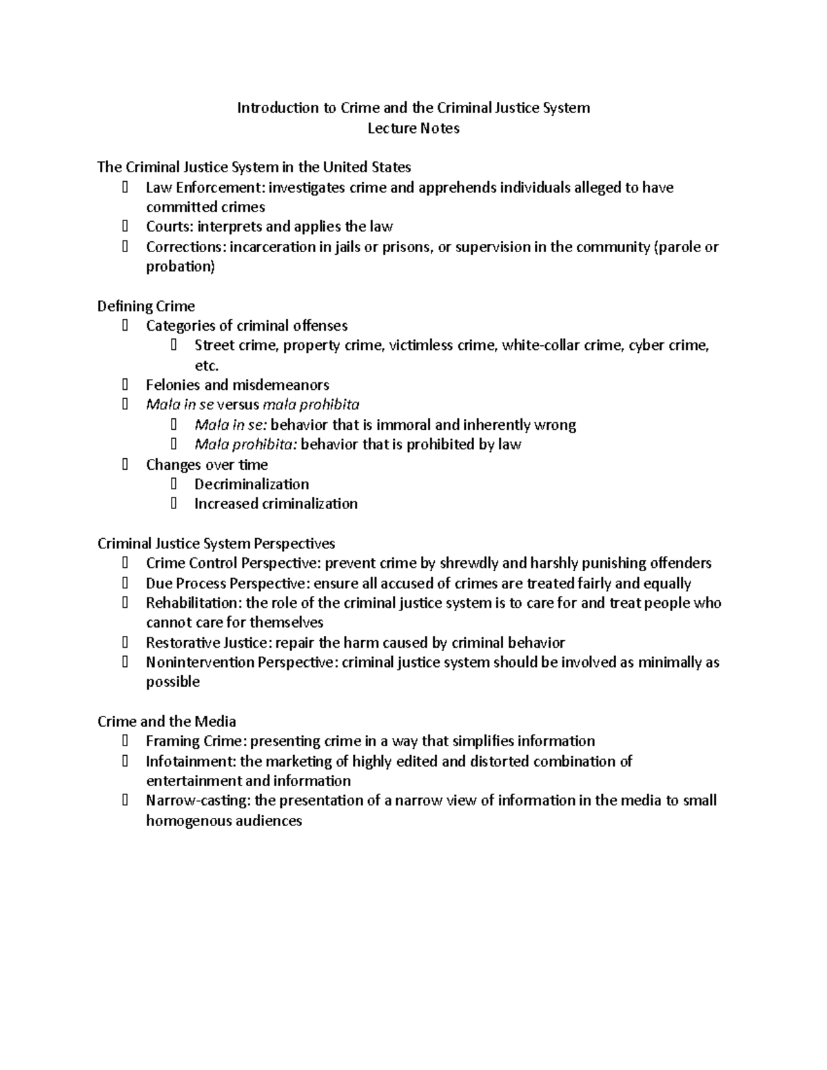 CRJ101 Module 1 Lecture Notes: Introduction to Crime & Justice System ...