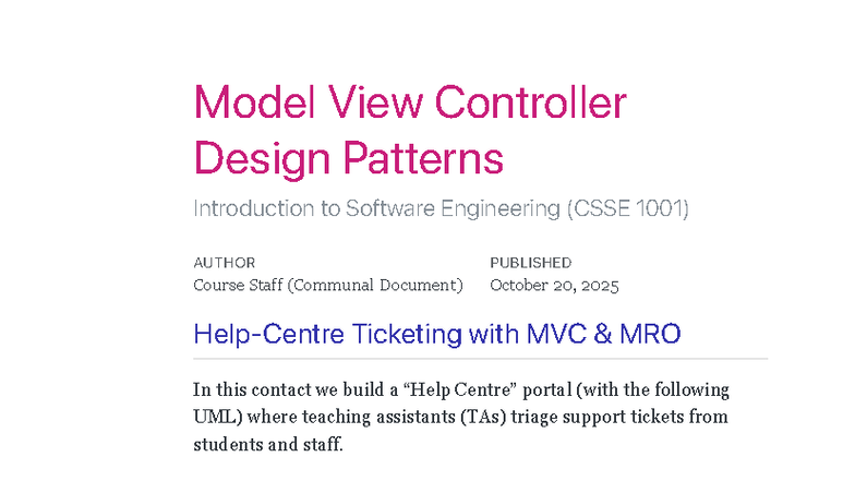 MVC Design Patterns Overview for Software Engineering (CSSE 1001) - Studocu