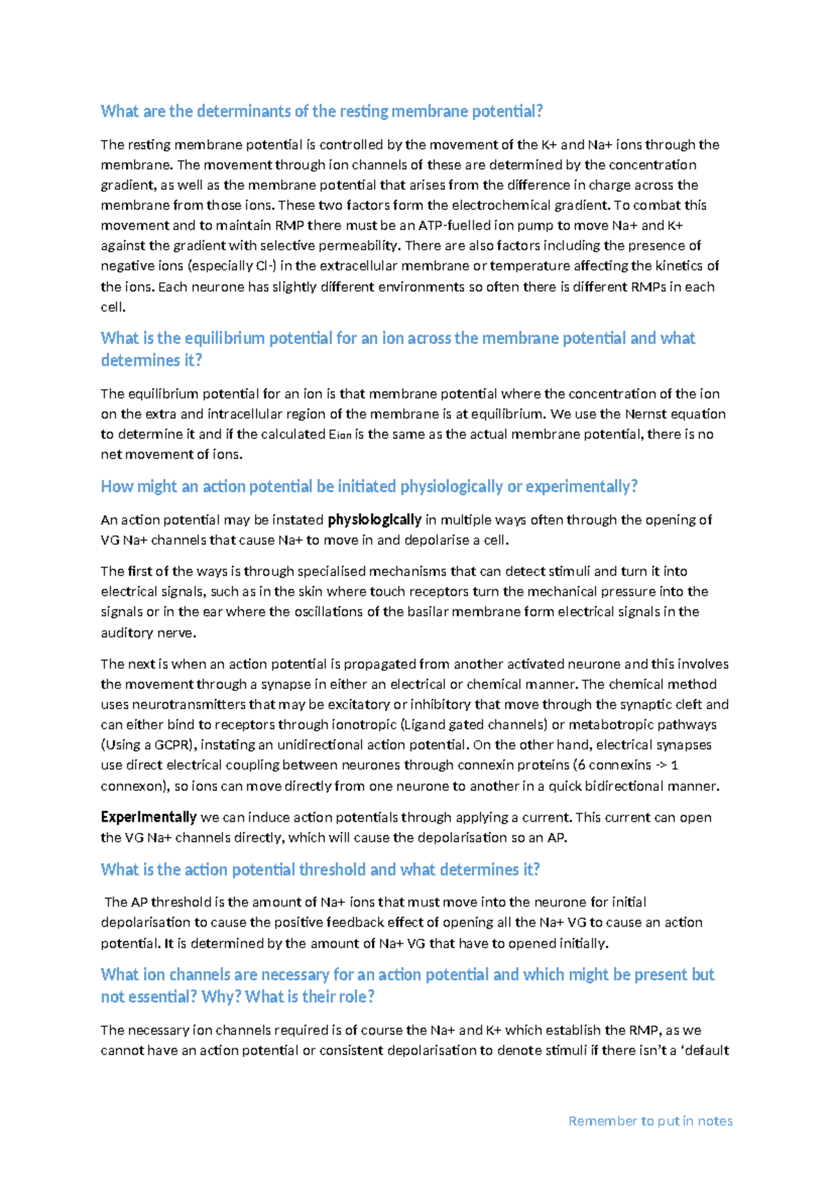 FON AP and SS Concepts Summary: Resting Membrane Potential & Action ...
