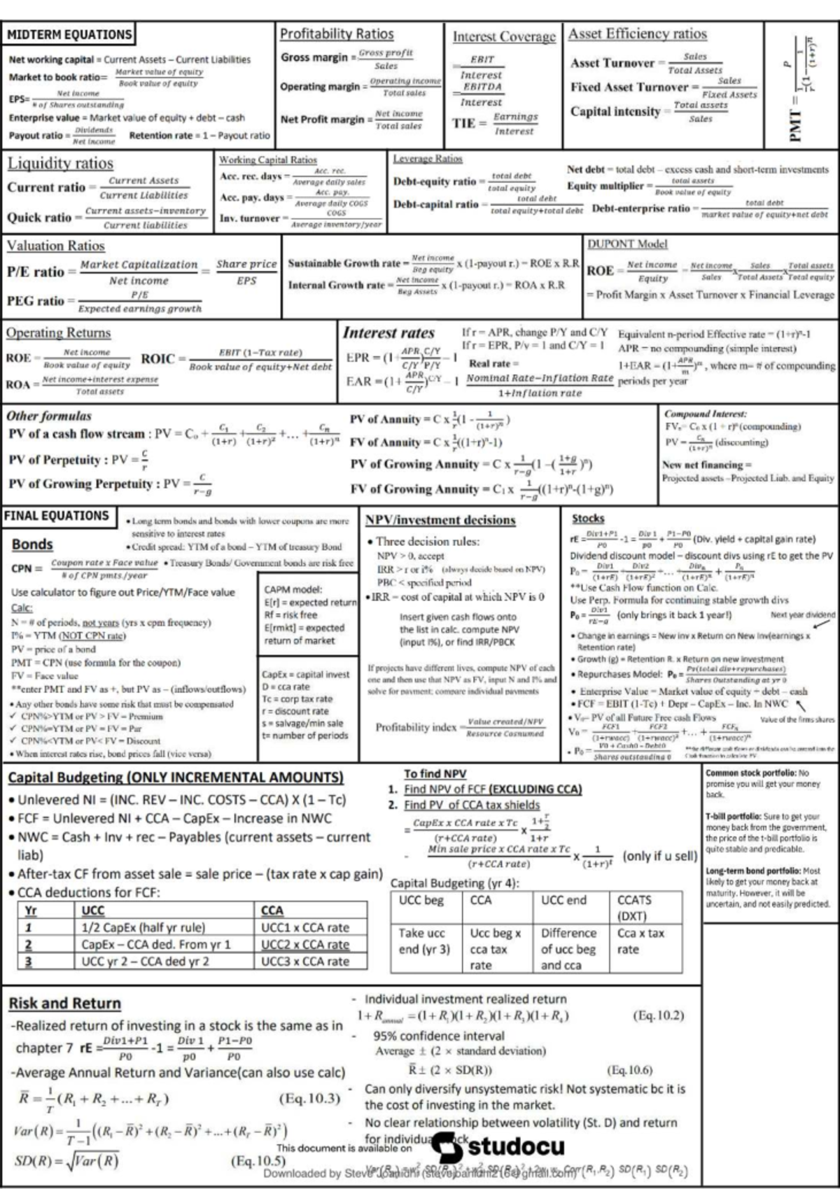 FIN 300 Midterm Cheat Sheet: Key Financial Equations and Ratios - Studocu