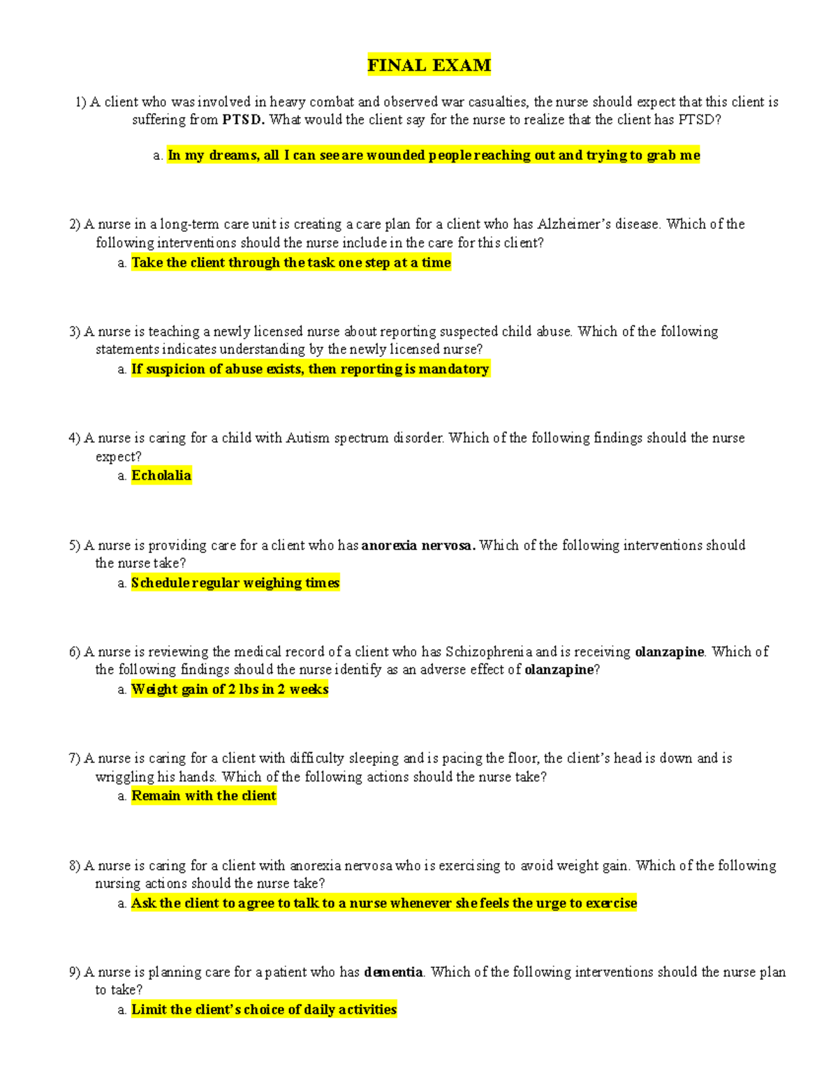 Psychiatric Nursing Study Guide (Final Exam) - Studocu