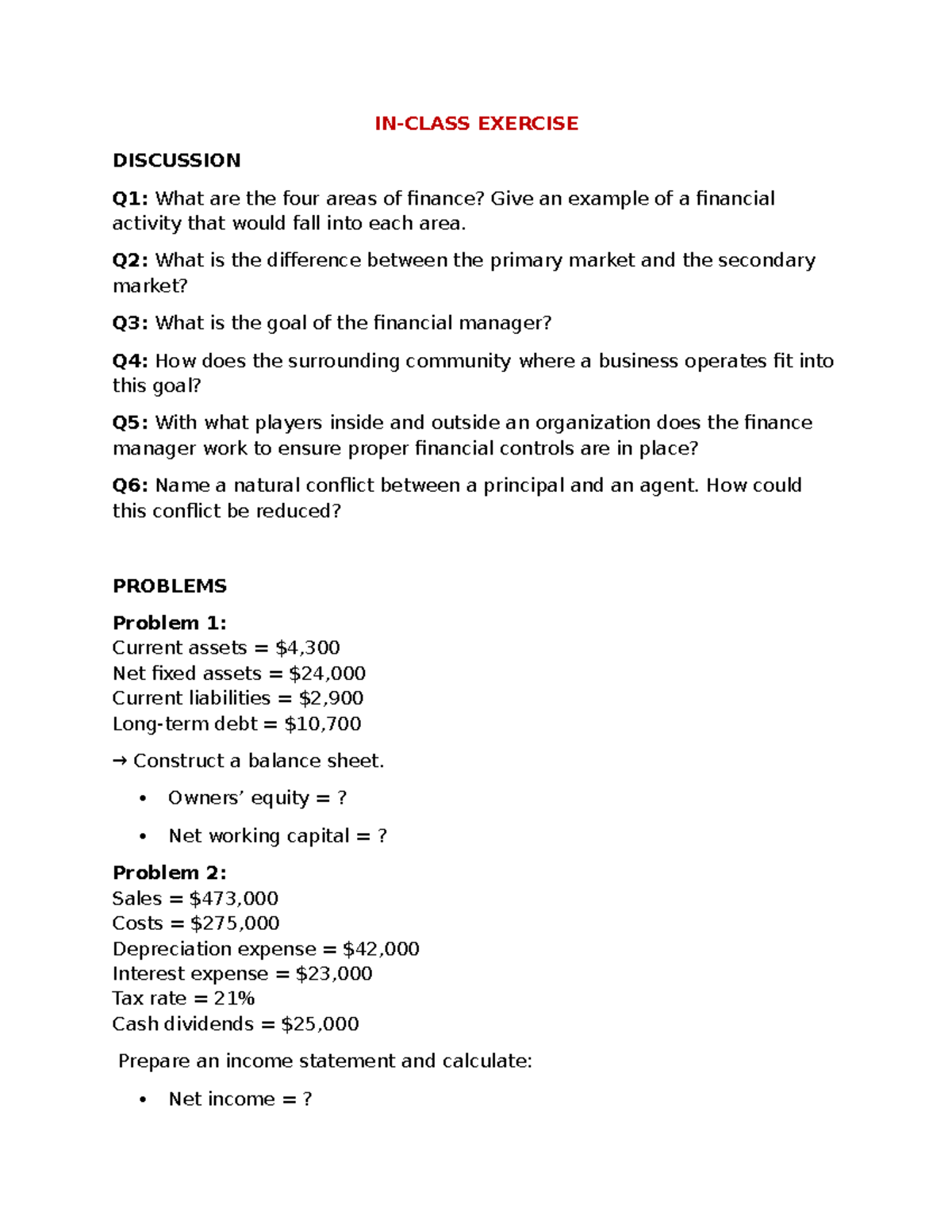 IN-CLASS EXERCISES: Finance Concepts & Problem Solving - Studocu