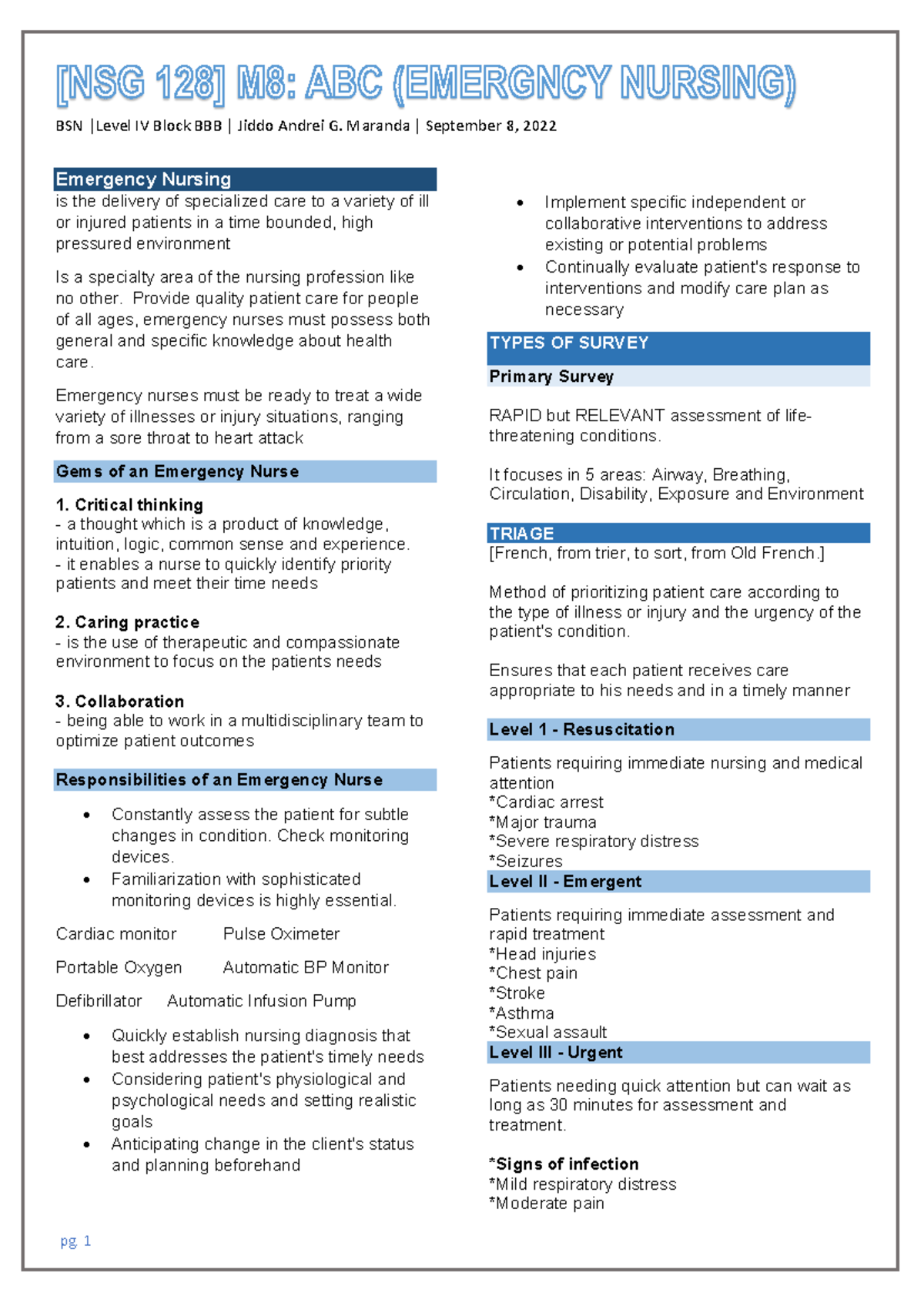 EMERGENCY NURSING NOTES (BSN | Level IV Block BBB) - Studocu