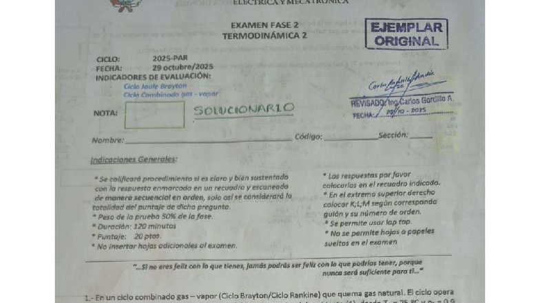 Examen Fase 2 Termodinámica 2 - Ciclo Joule y Brayton 2025 - Document Preview