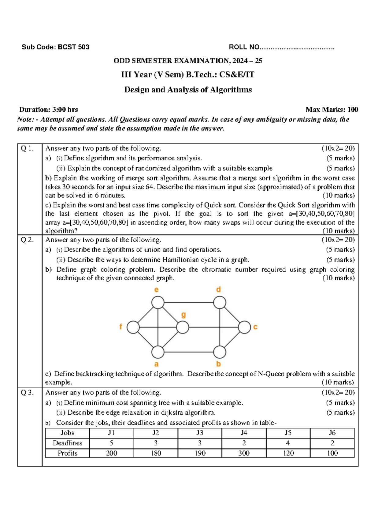 Sub Code: BCST 503 V Sem B.Tech. Design & Analysis of Algorithms Exam ...