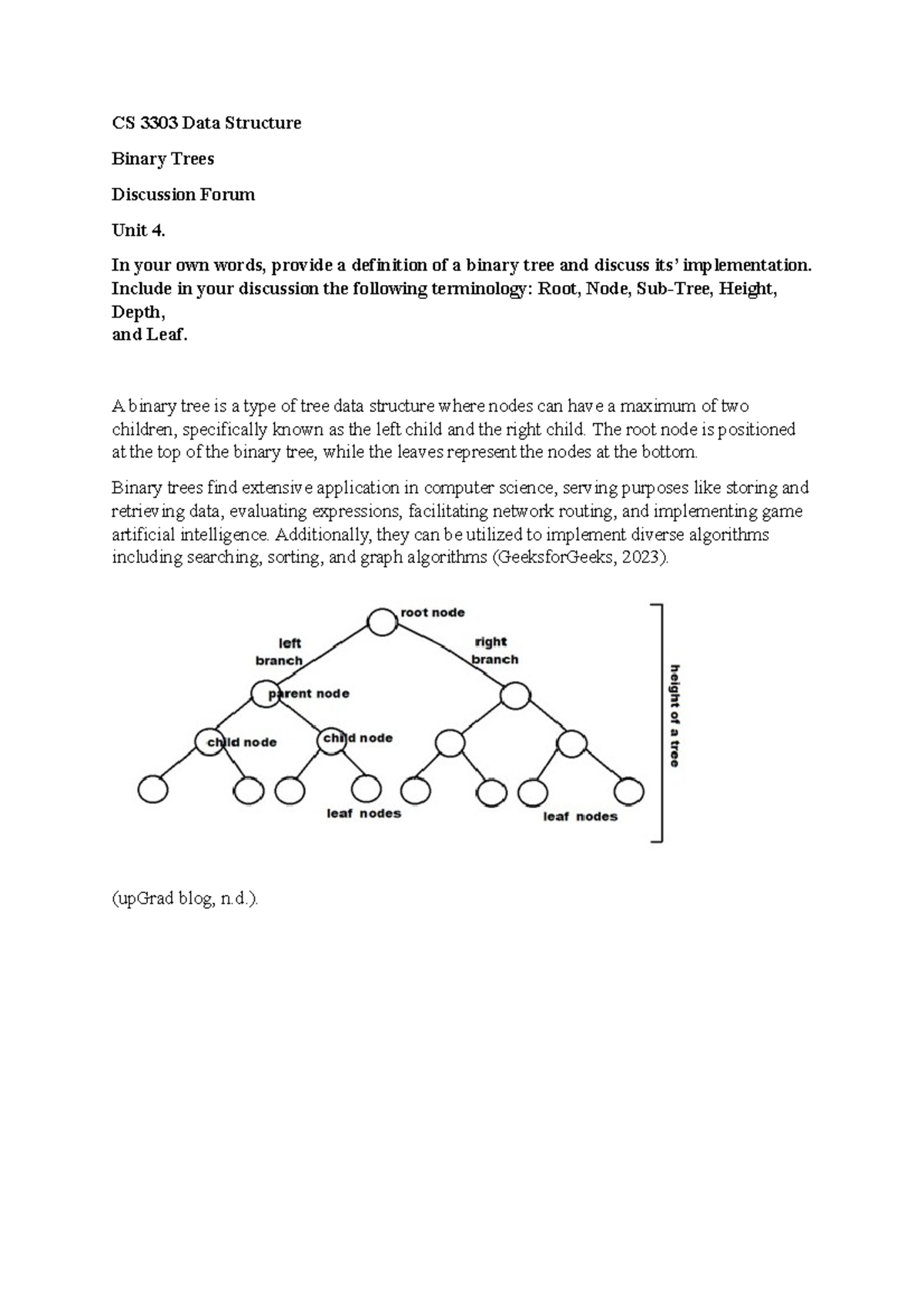 CS 3303 Binary Trees Discussion Post for Unit 4 - Studocu