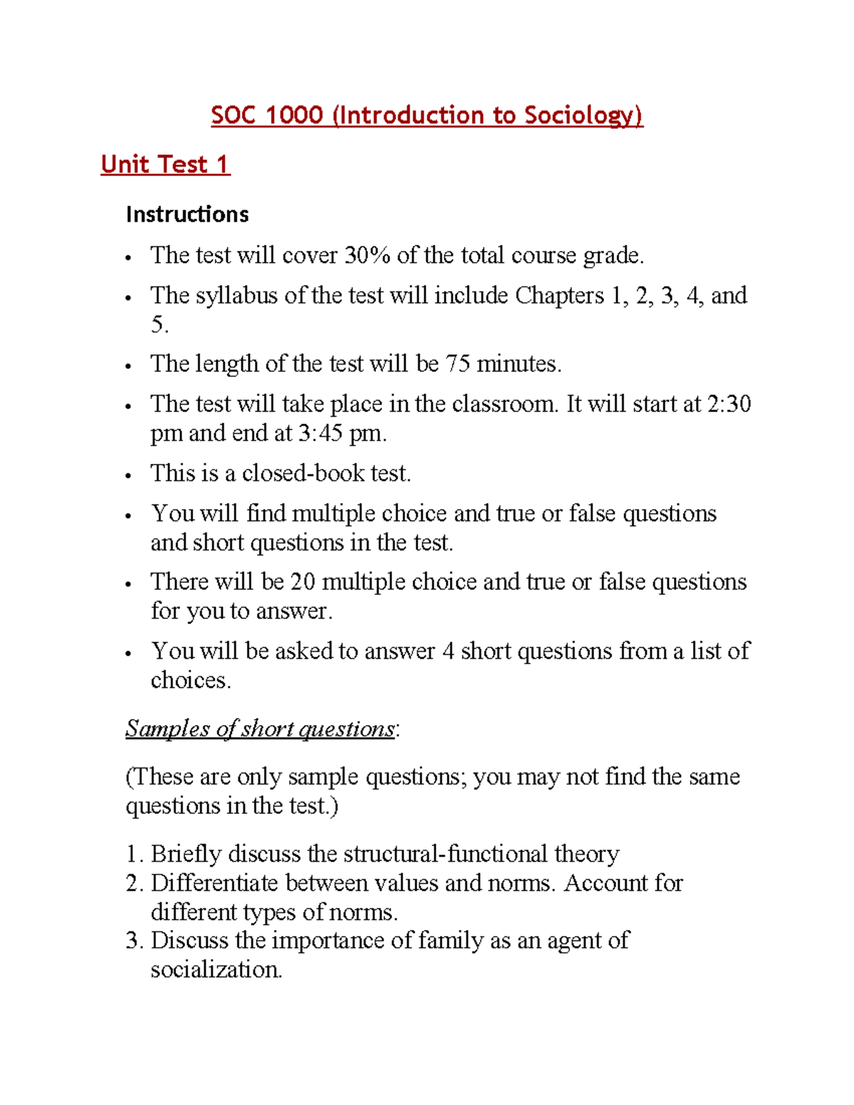 SOC 101 Unit Test 1 Instructions: Chapters 1-5 Overview - Studocu