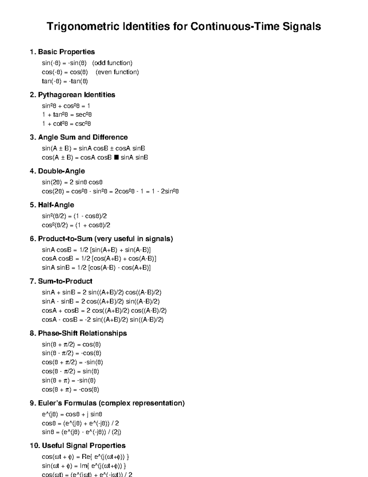 Trig Identities for Continuous-Time Signals (CT Signals) - Studocu