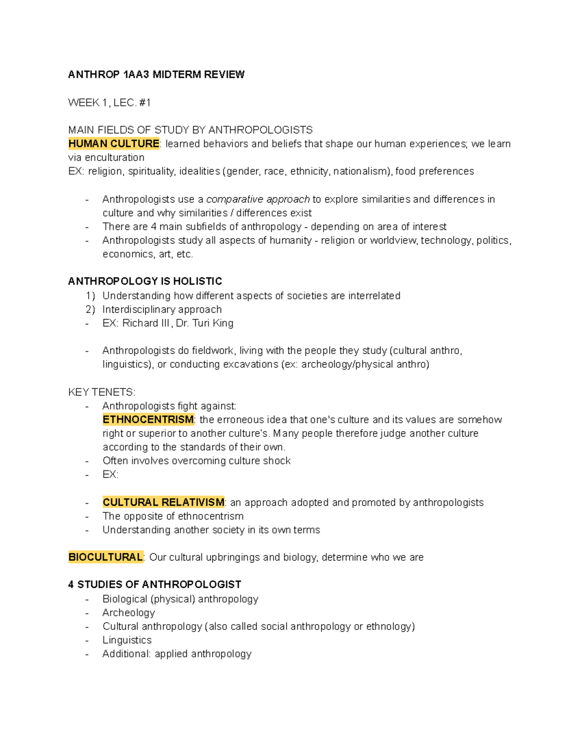 Anthrop 1AA3 Midterm Study Guide: Key Concepts and Themes - Studocu