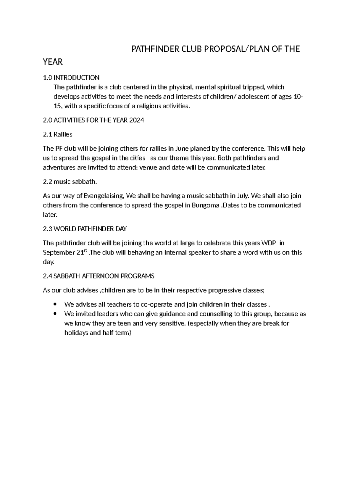 Pathfinder Club Proposal for Activities in 2024 - DOCC - Studocu