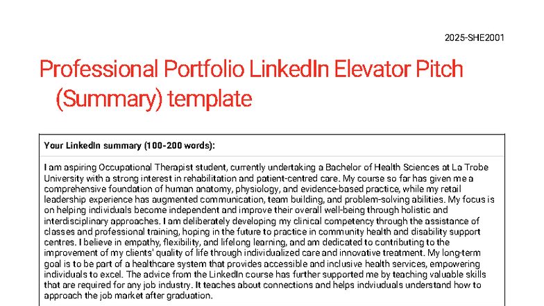 A3 SHE2001 Professional Portfolio LinkedIn Elevator Pitch Template ...