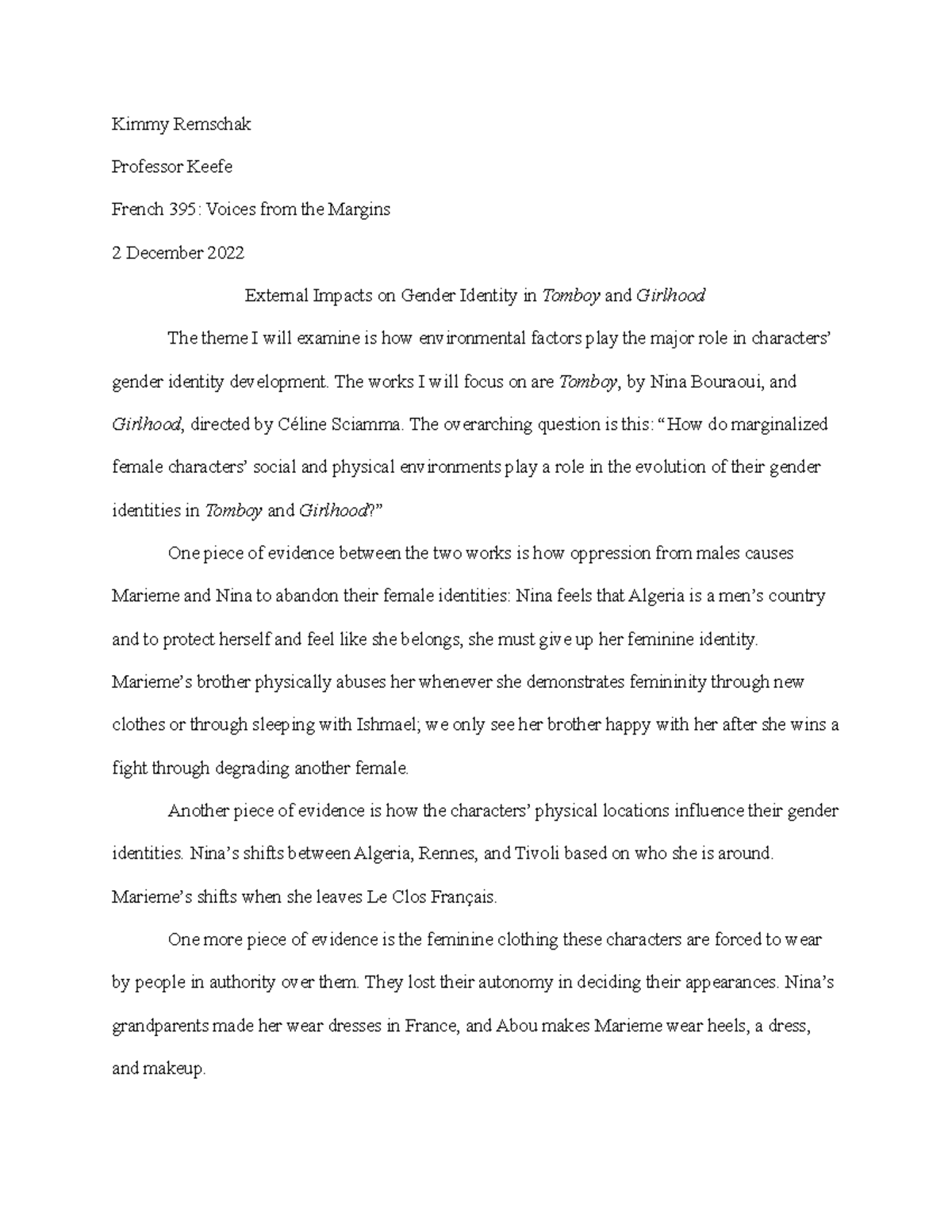 FRE395 Literary Analysis Proposal - Kimmy Remschak Professor Keefe ...